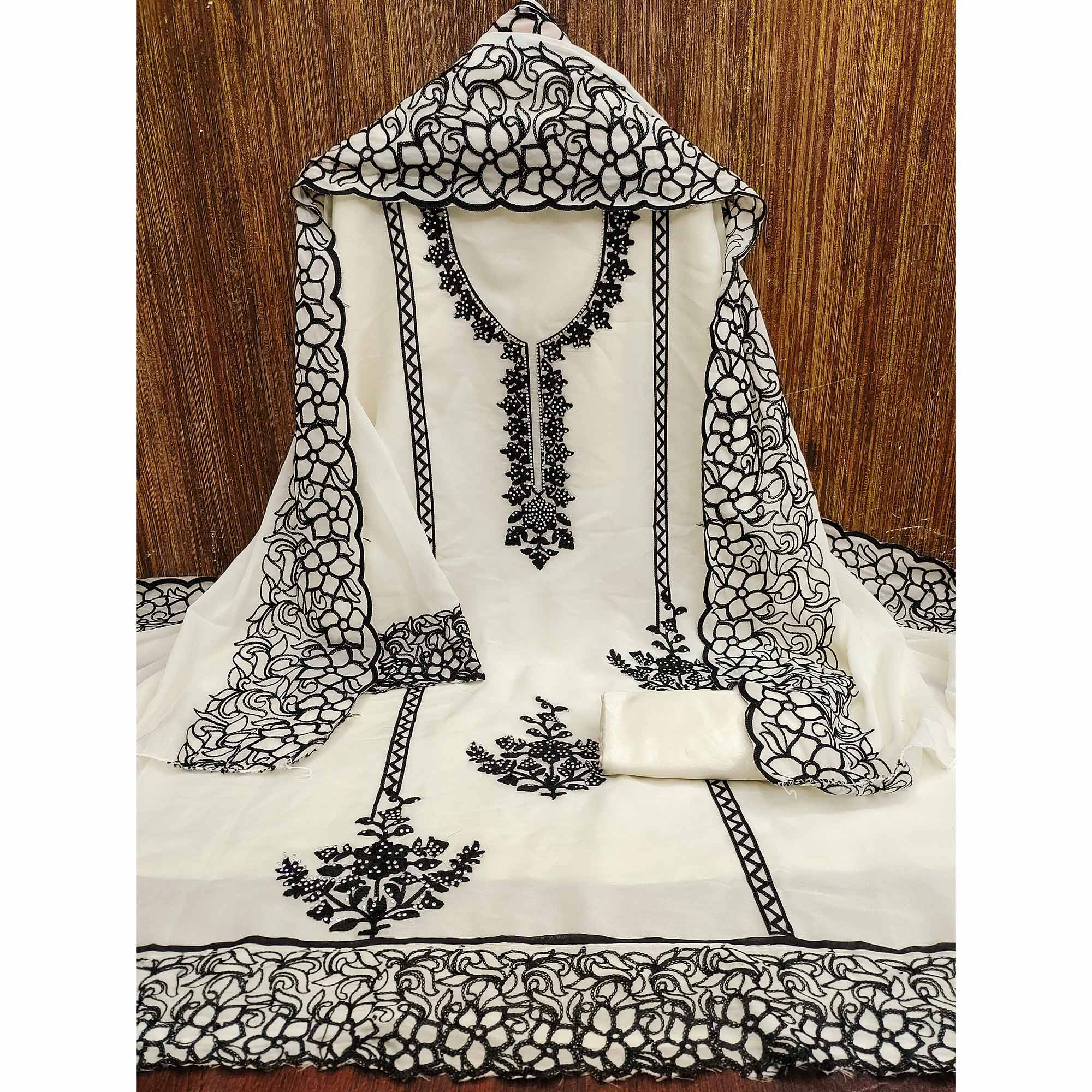 Off White Unstitched Georgette Dress Material Featuring Thread Detailing