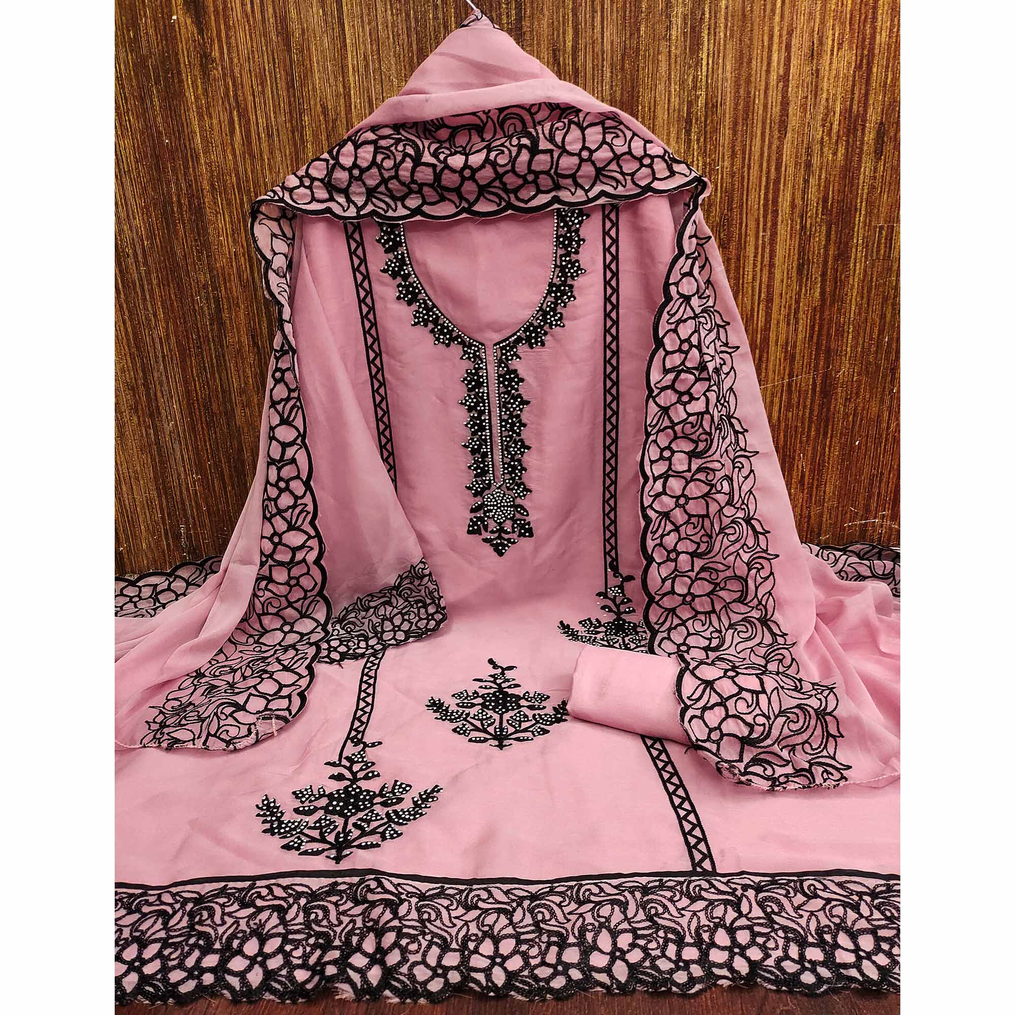 Pink Unstitched Georgette Dress Material Featuring Thread Detailing