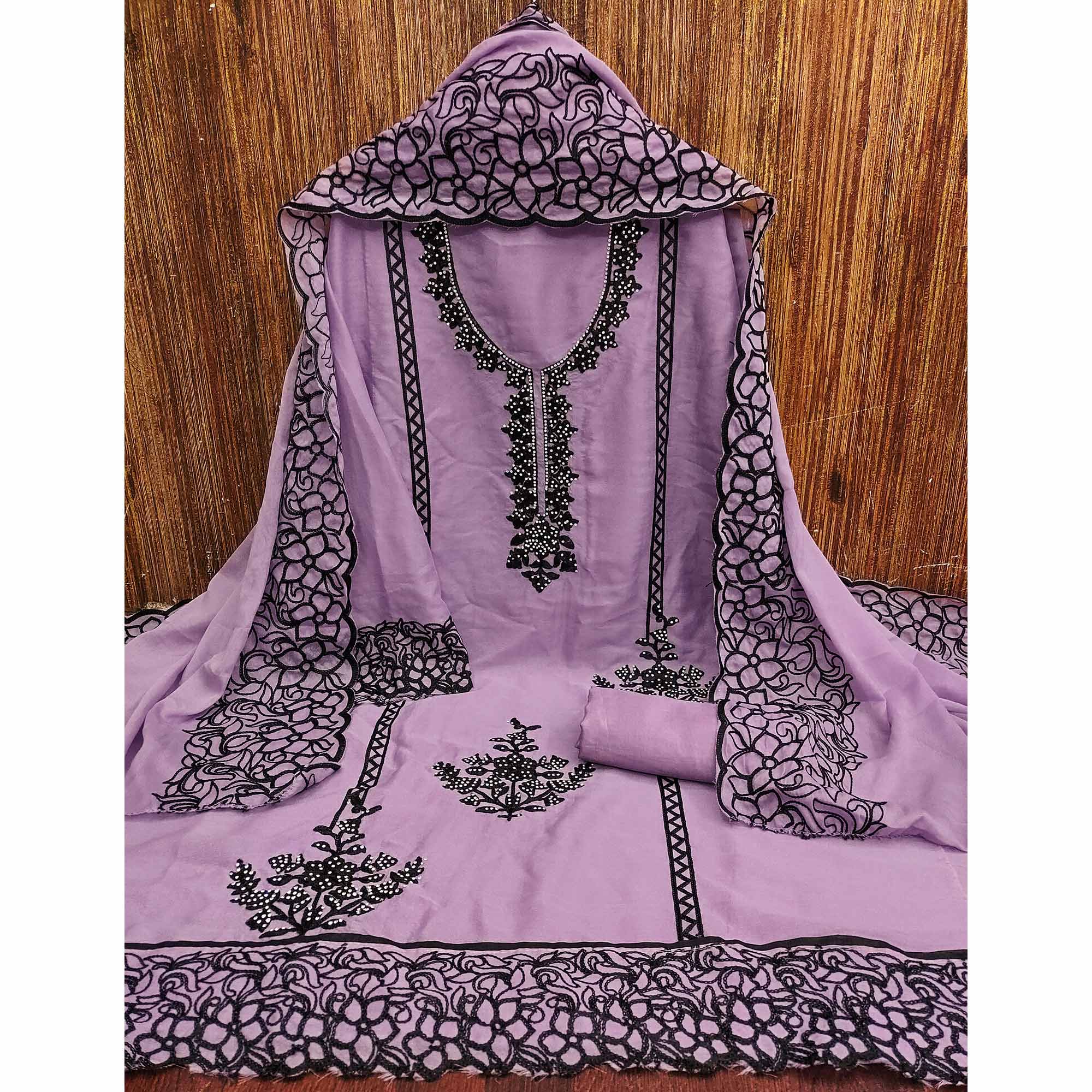 Purple Unstitched Georgette Dress Material Featuring Thread Detailing