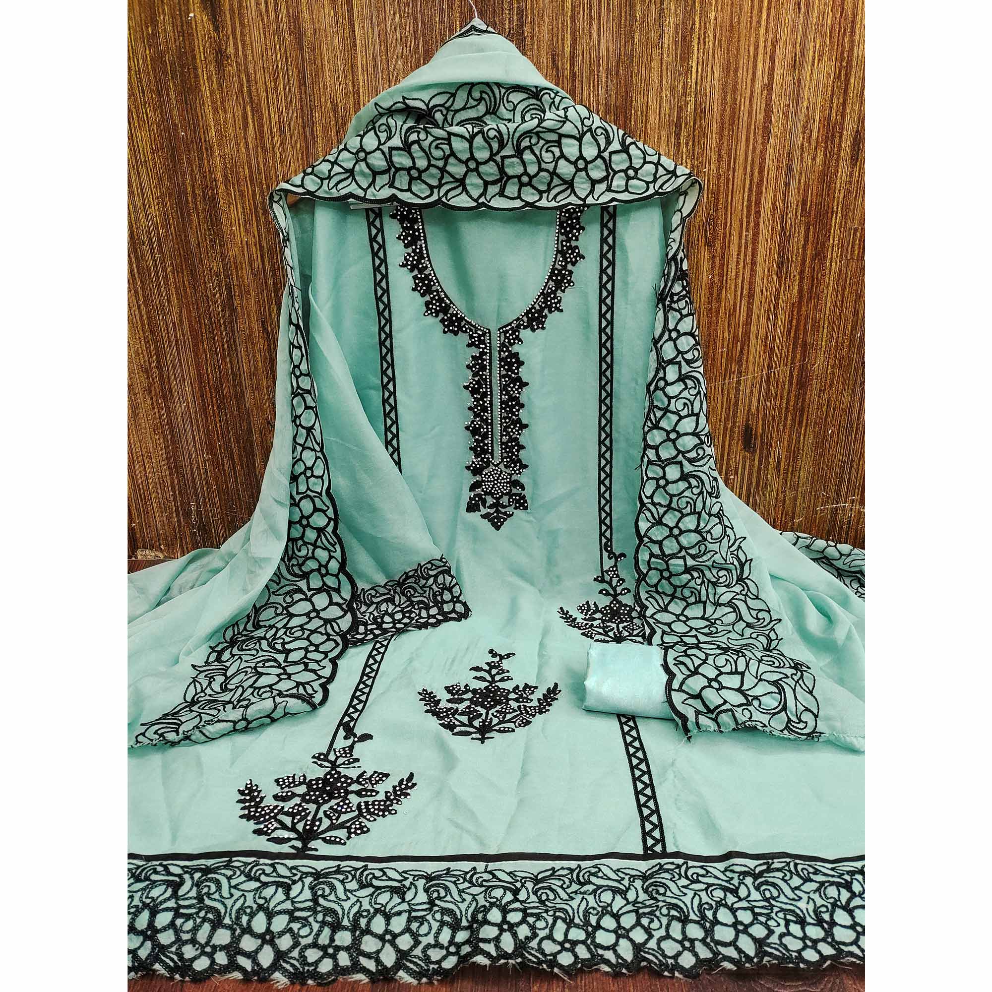 Sea Green Unstitched Georgette Dress Material Featuring Thread Detailing