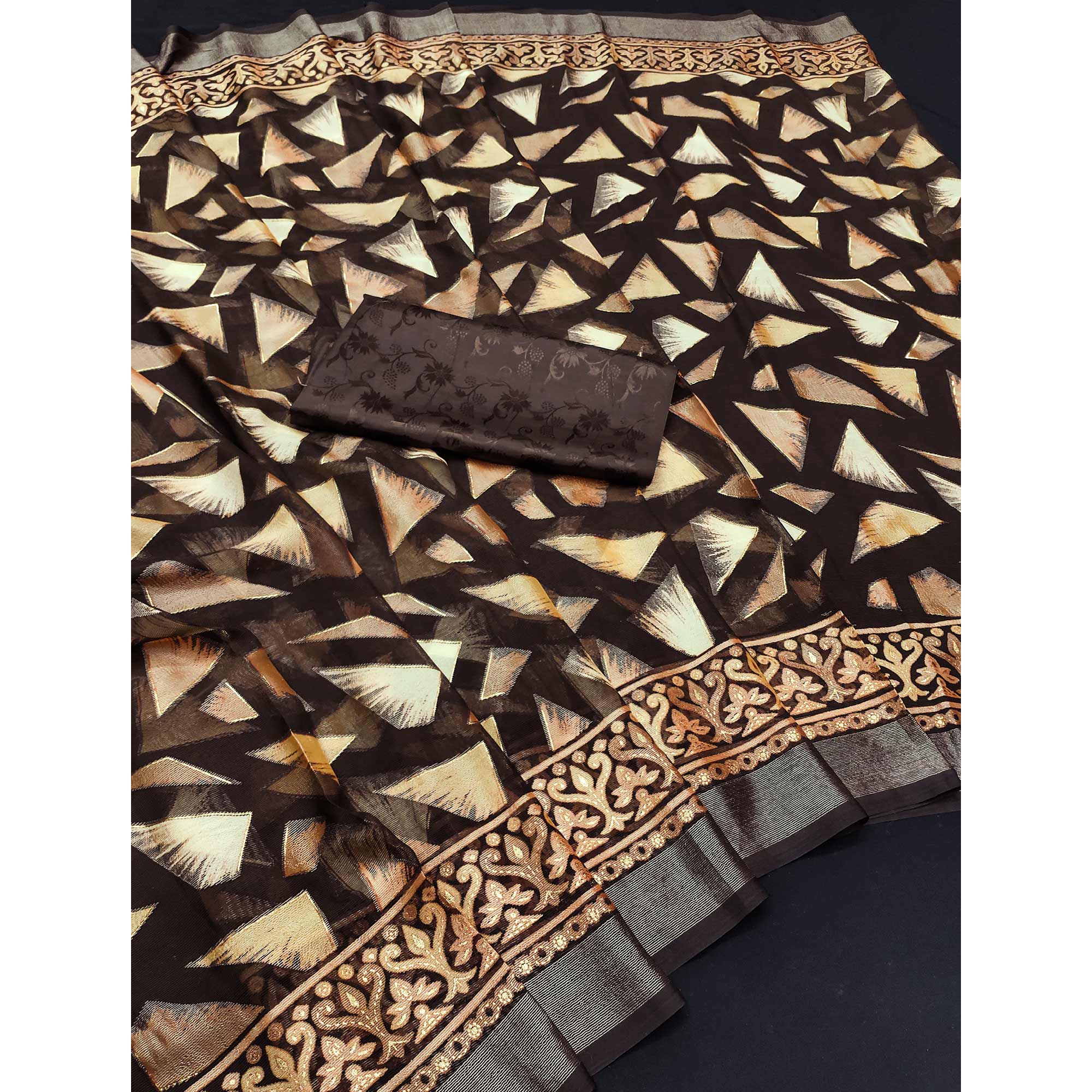 Dark Brown Saree in Brasso with Contemporary Geometric Print