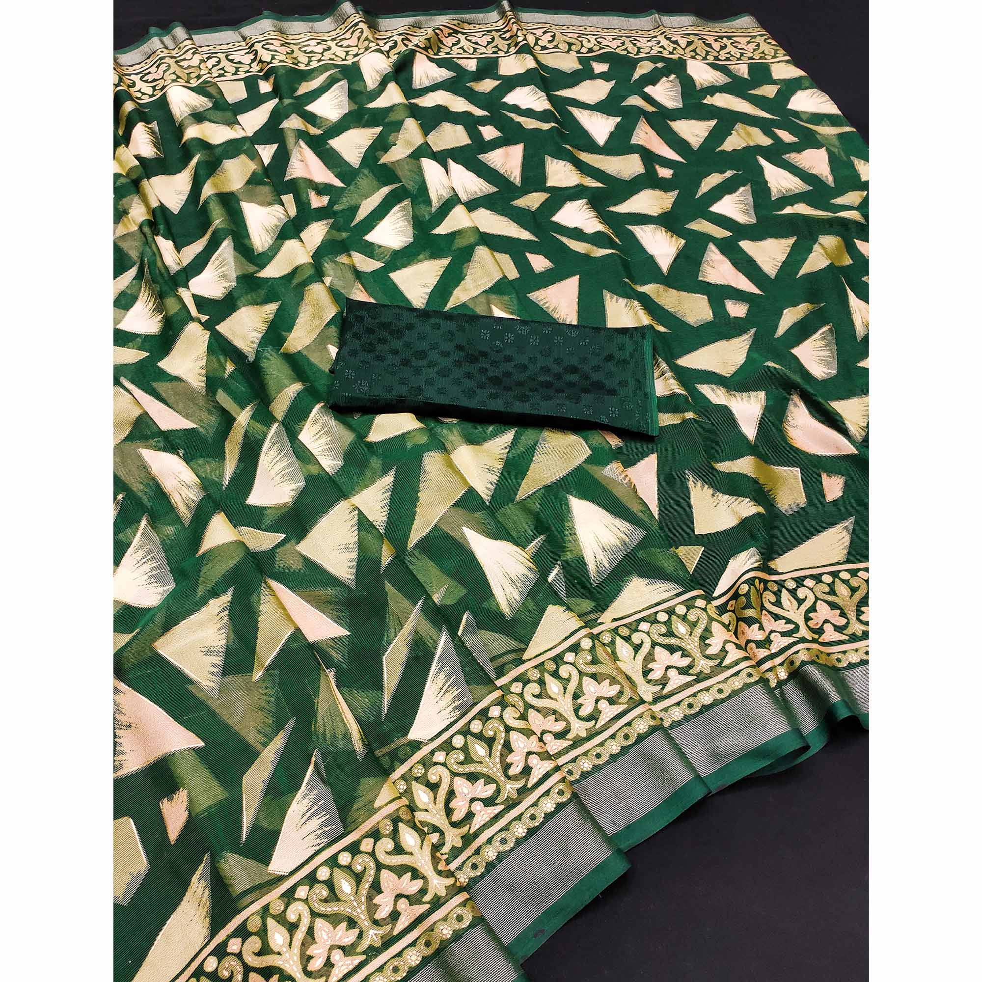 Green Saree in Brasso with Contemporary Geometric Print