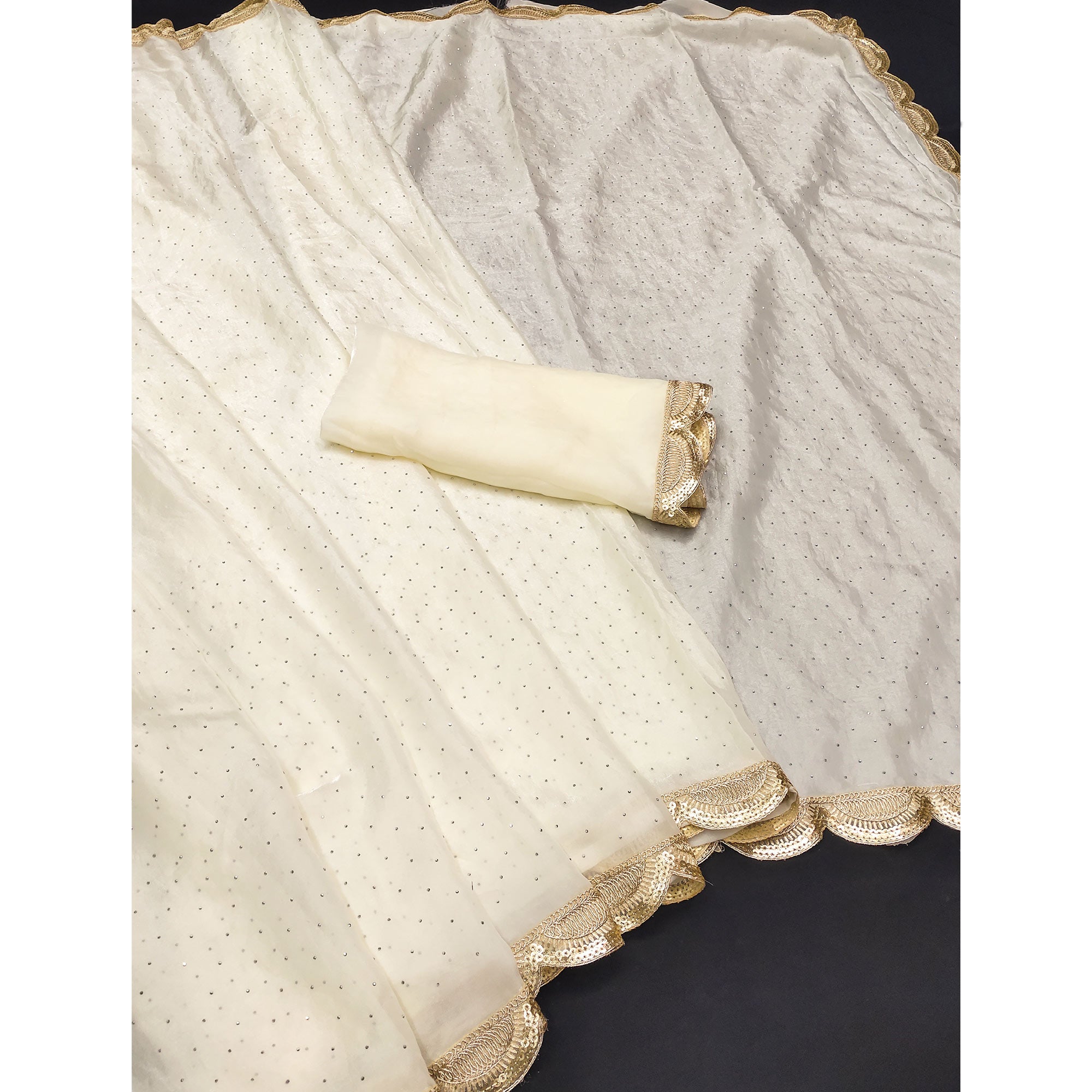 Designer Cream Satin Drape with Fine Sequins Embellishment