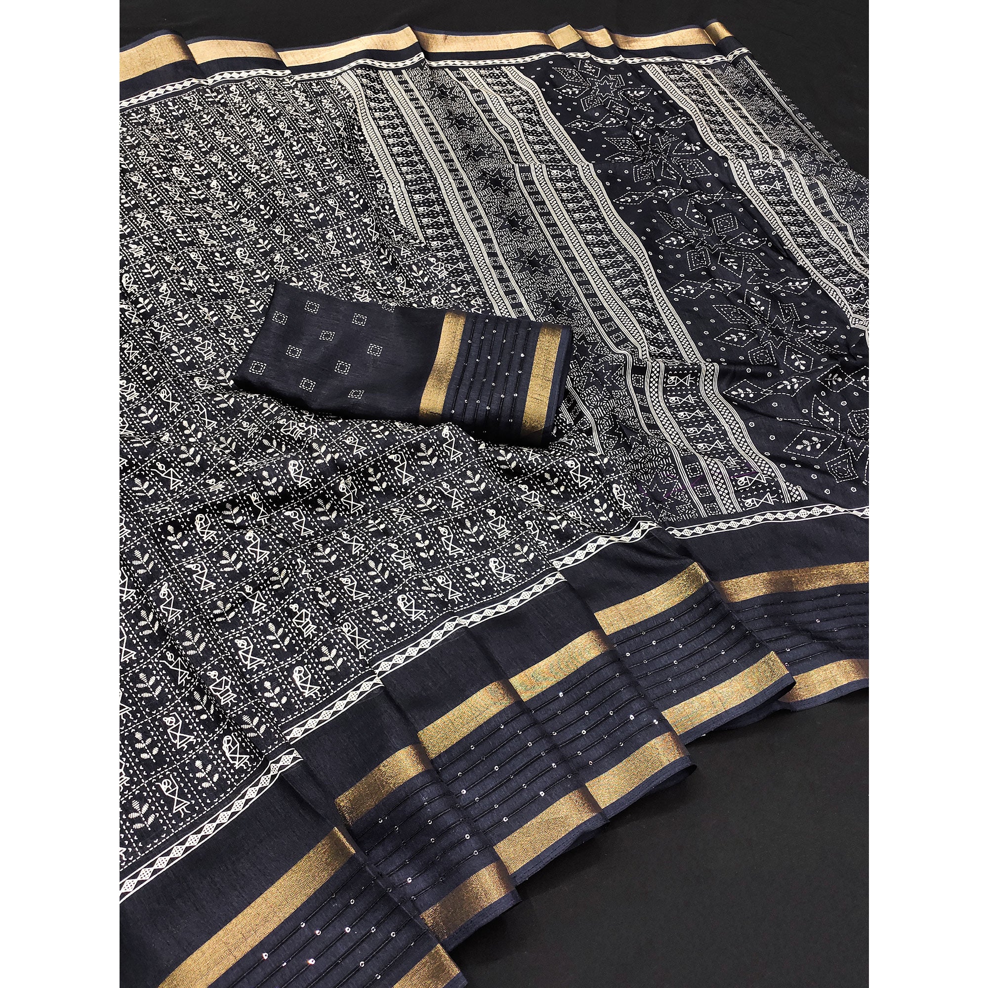 Black Printed Dola Silk Saree Showcasing Warli Heritage Patterns