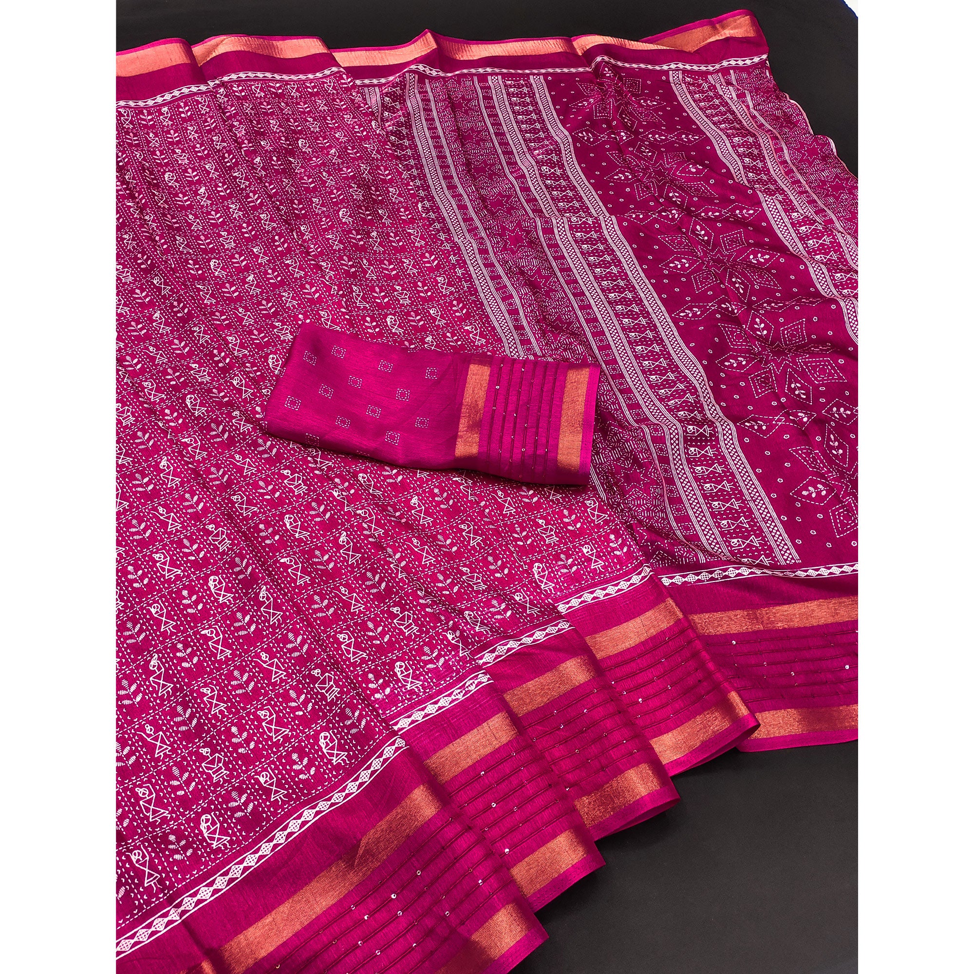 Pink Printed Dola Silk Saree Showcasing Warli Heritage Patterns