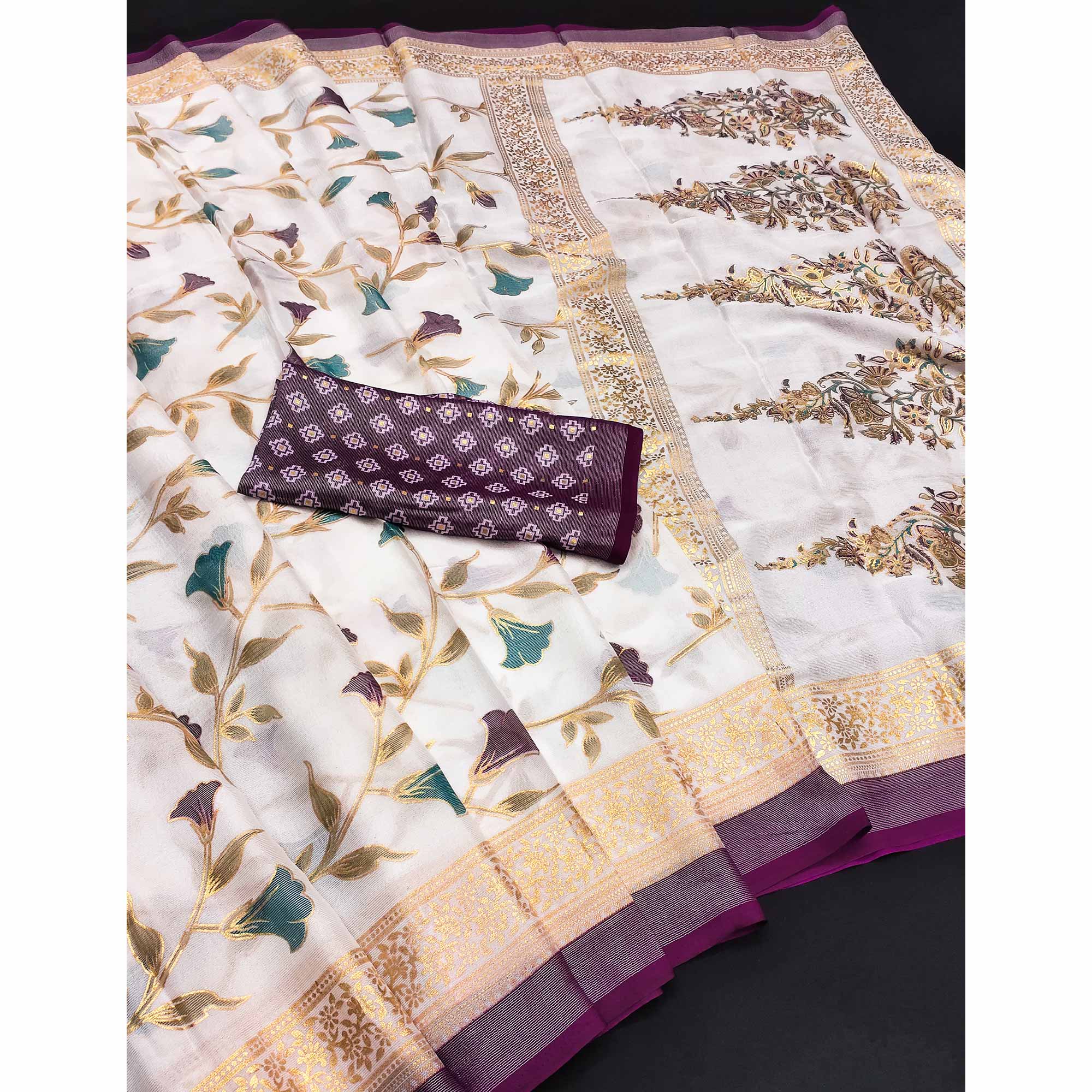 Purple Sheer Brasso Saree Embellished with Floral Foil Print