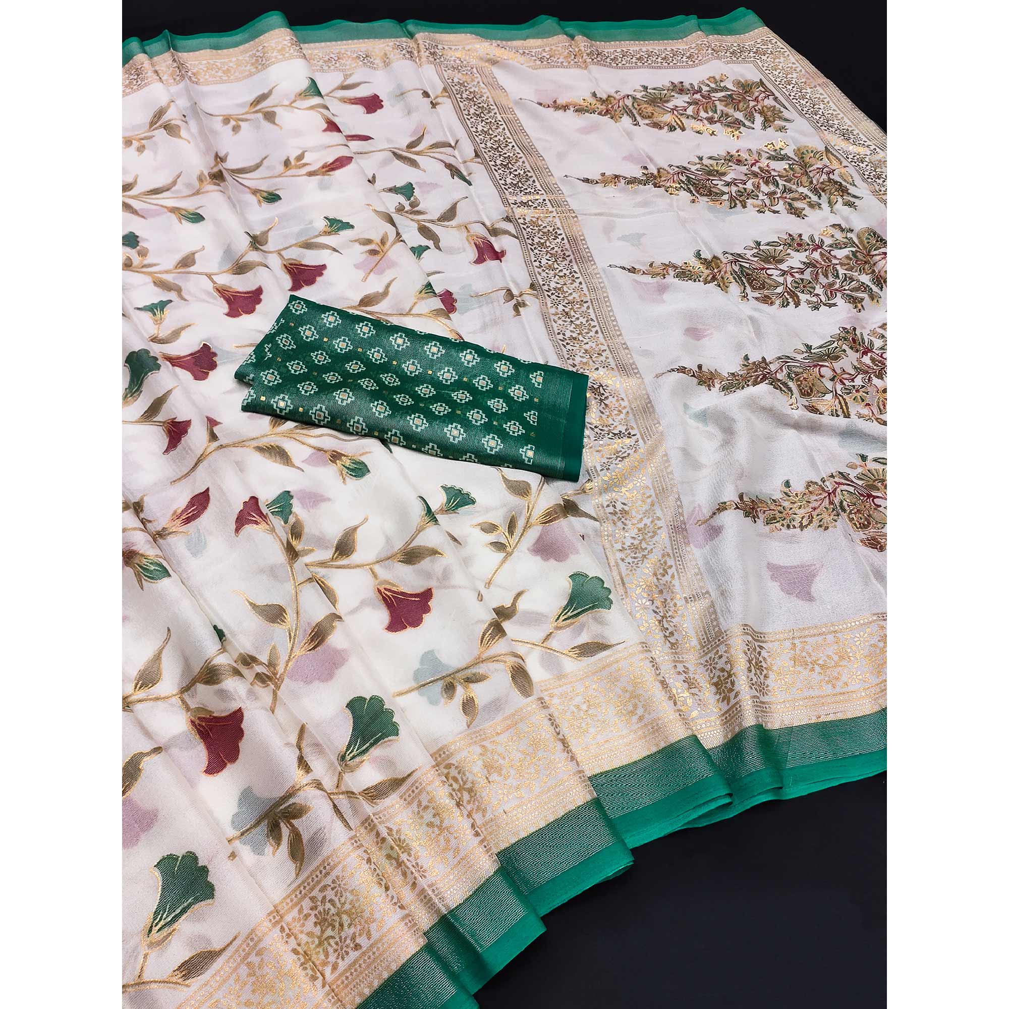 Rama Green Sheer Brasso Saree Embellished with Floral Foil Print