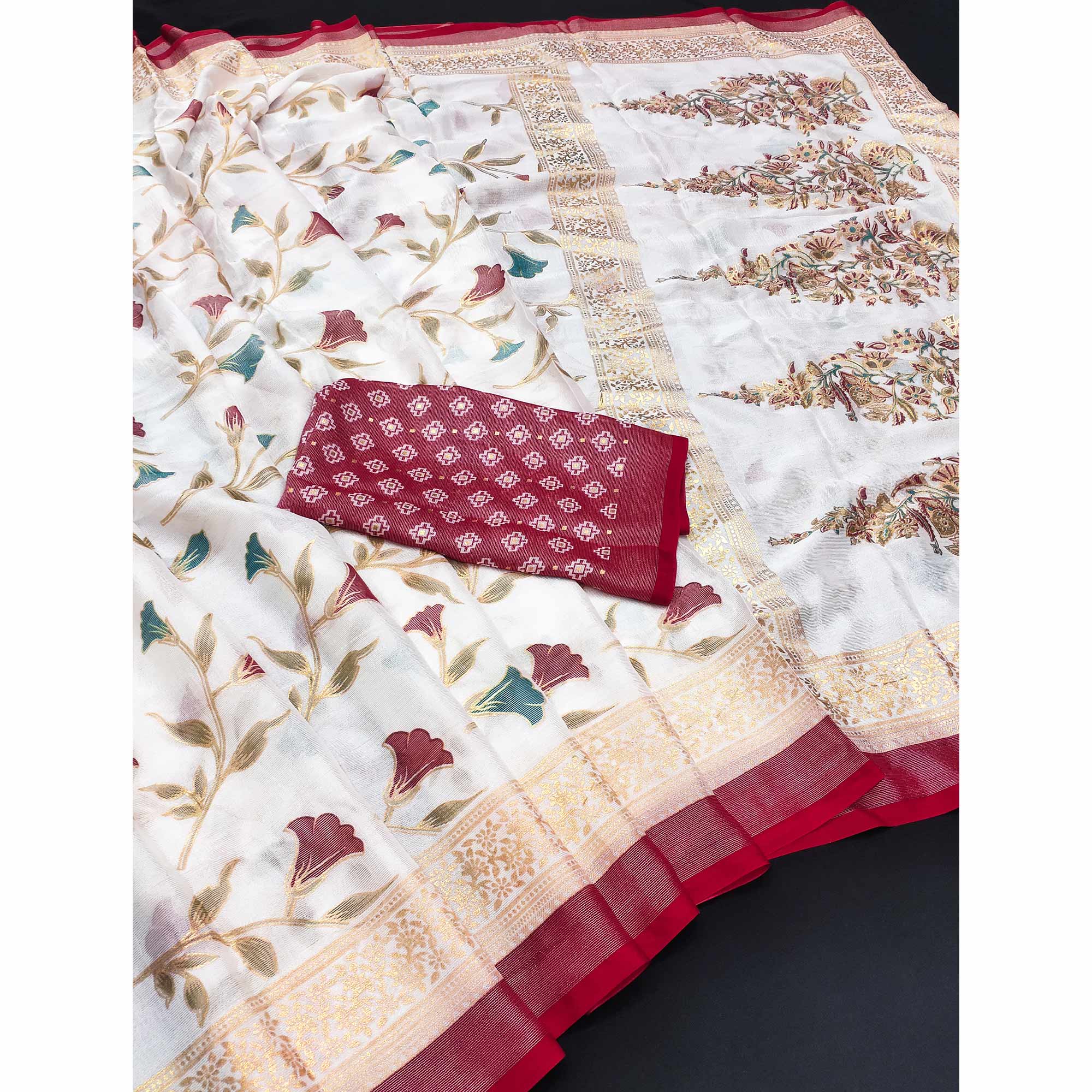 Red Sheer Brasso Saree Embellished with Floral Foil Print
