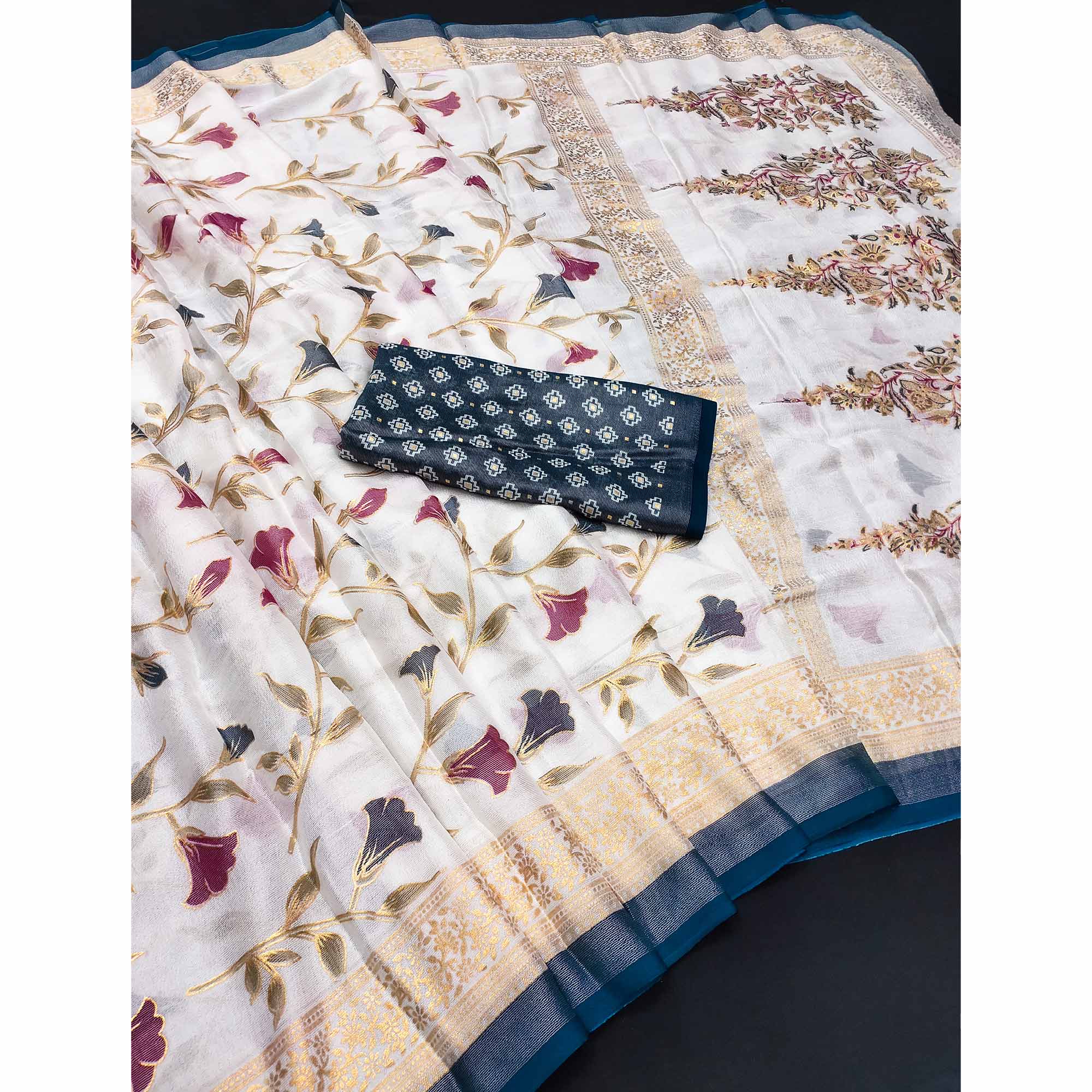 Teal Sheer Brasso Saree Embellished with Floral Foil Print