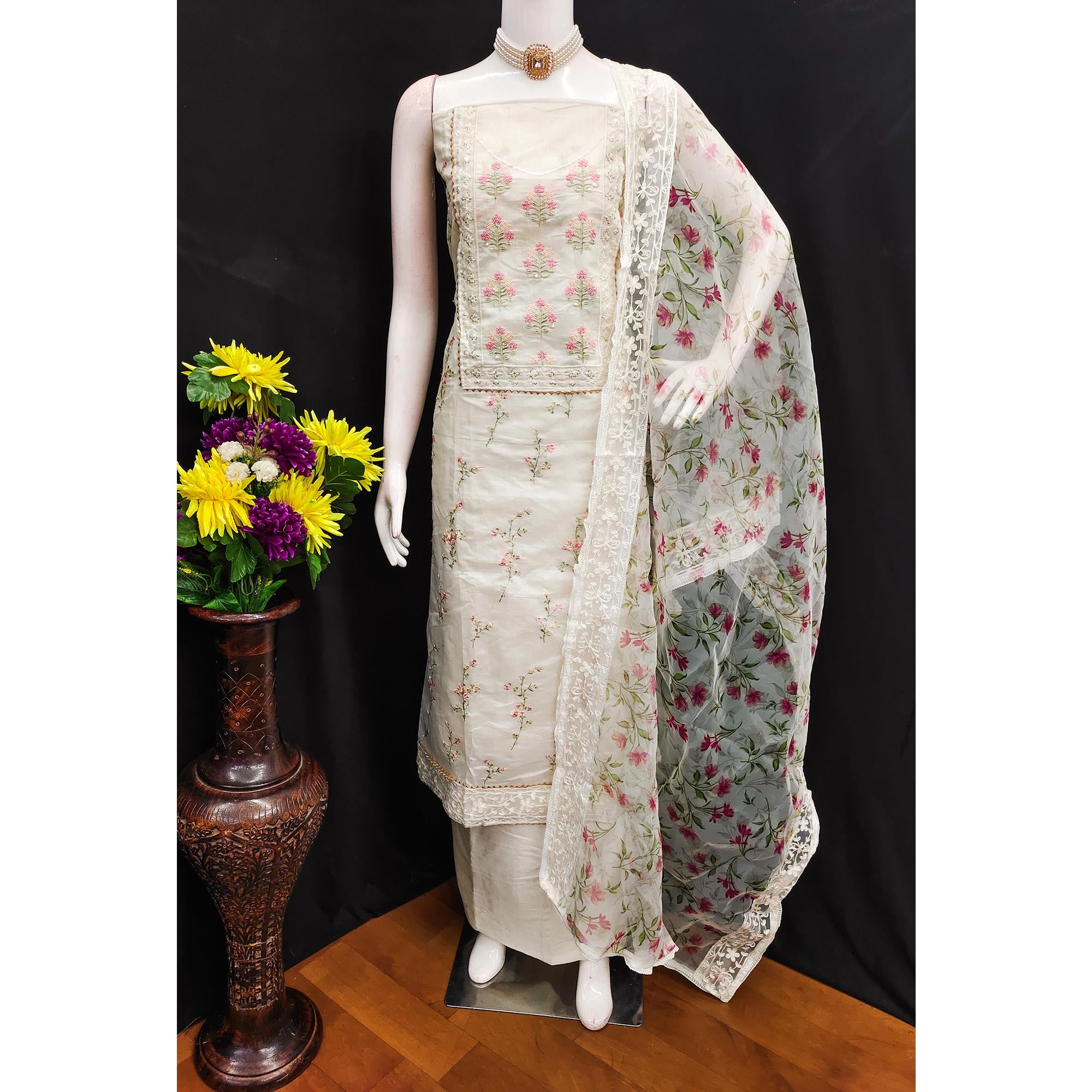 Off white Floral Heavy Embroidered Chanderi Silk Dress Material