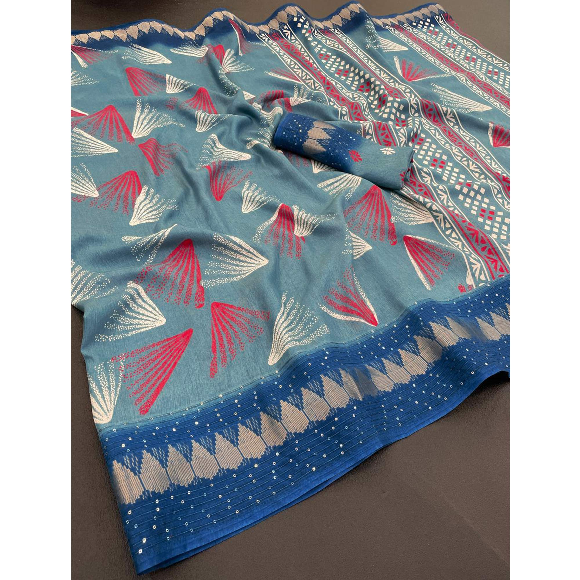 Blue Printed Dola Silk Saree with Contrast Woven Border Charm