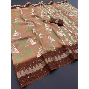 Brown Printed Dola Silk Saree with Contrast Woven Border Charm