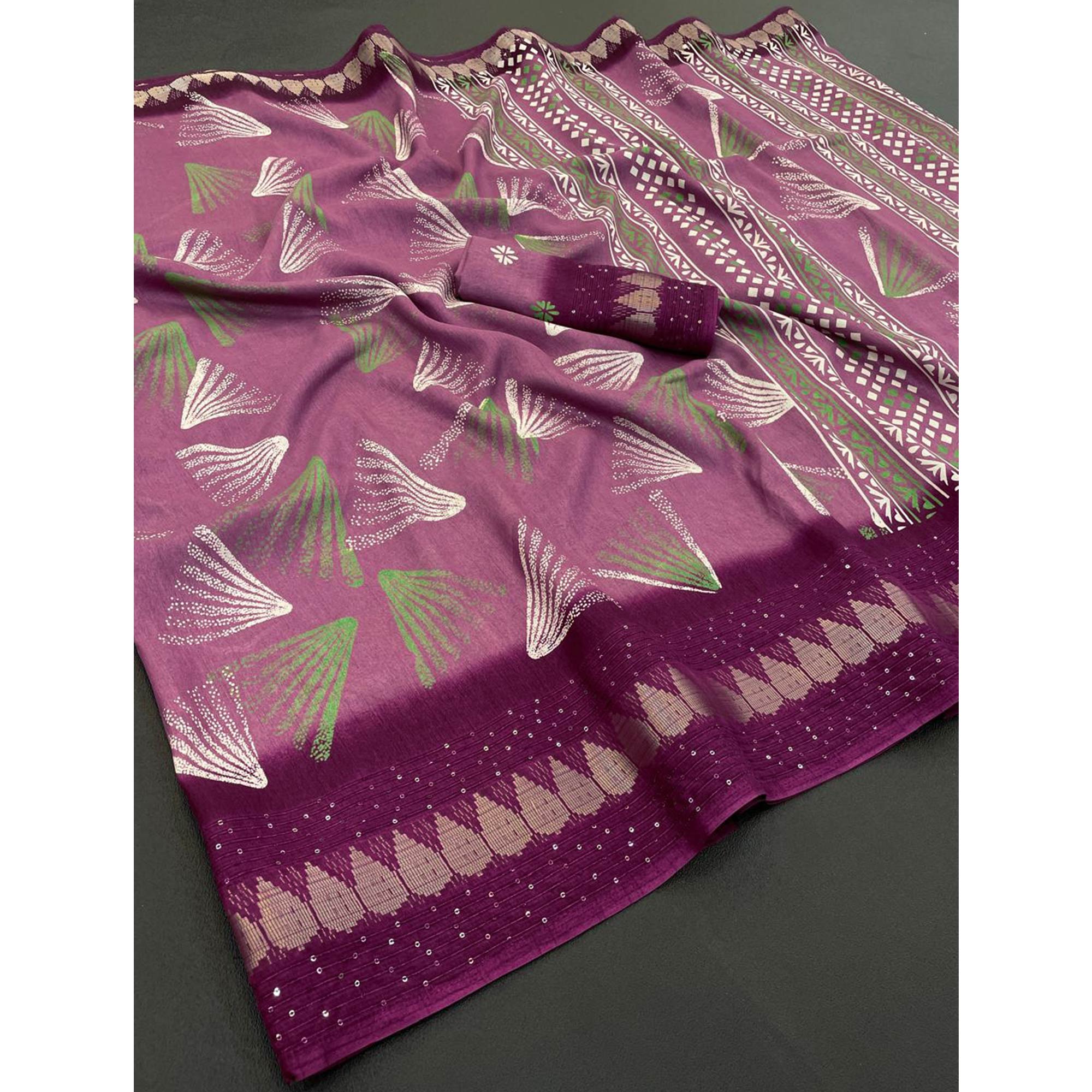 Purple Printed Dola Silk Saree with Contrast Woven Border Charm