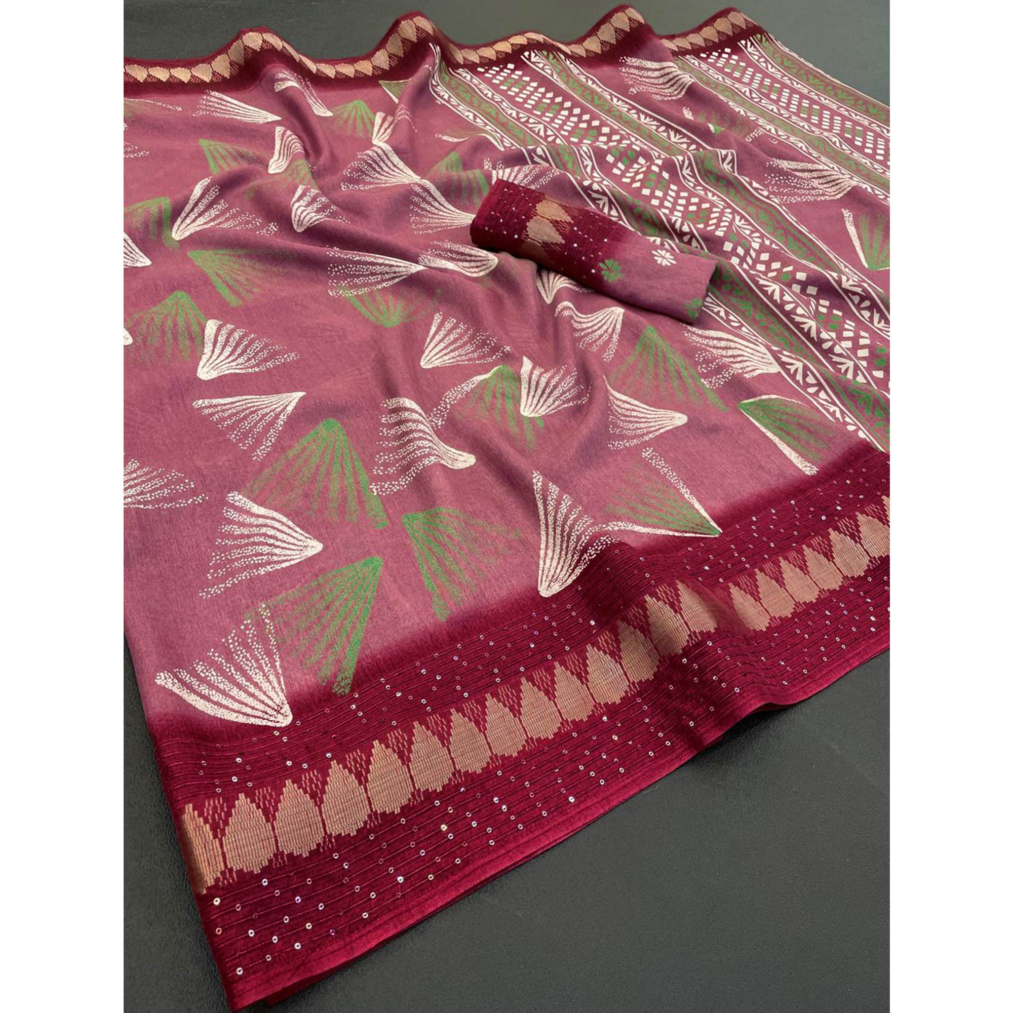 Red Printed Dola Silk Saree with Contrast Woven Border Charm