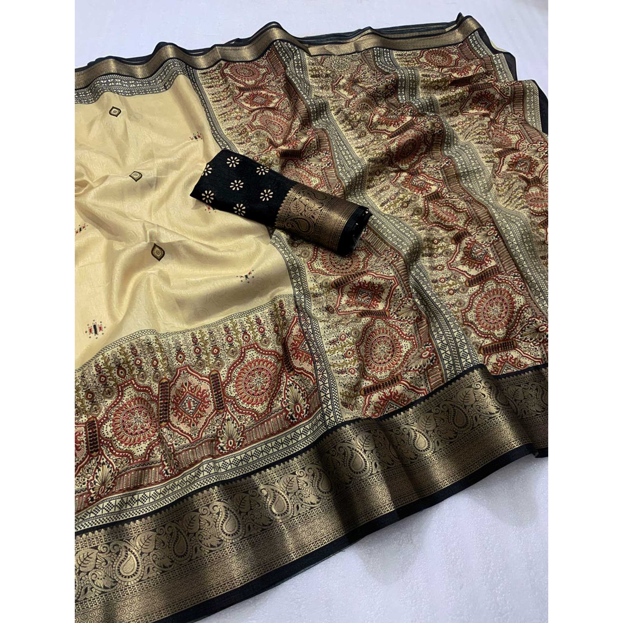 Black Woven Border Saree in Lustrous Dola Silk with Print Accents