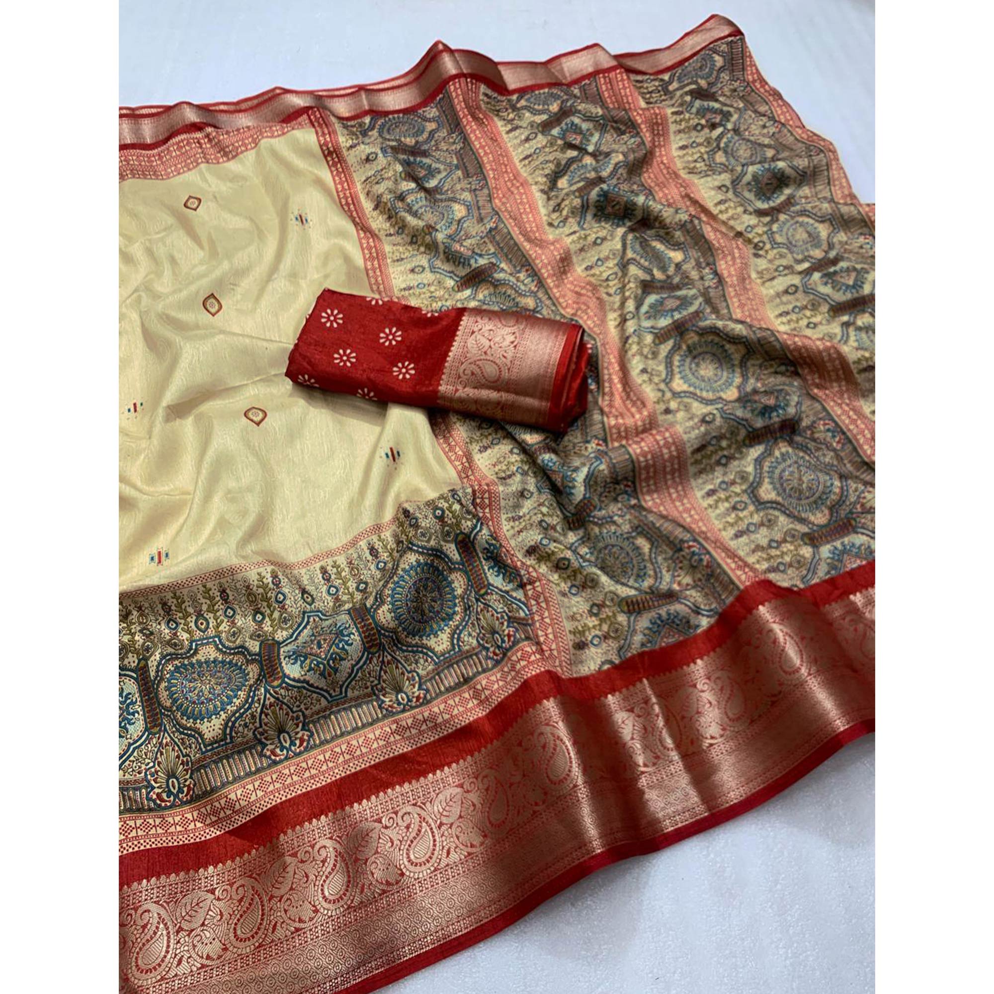 Red Woven Border Saree in Lustrous Dola Silk with Print Accents