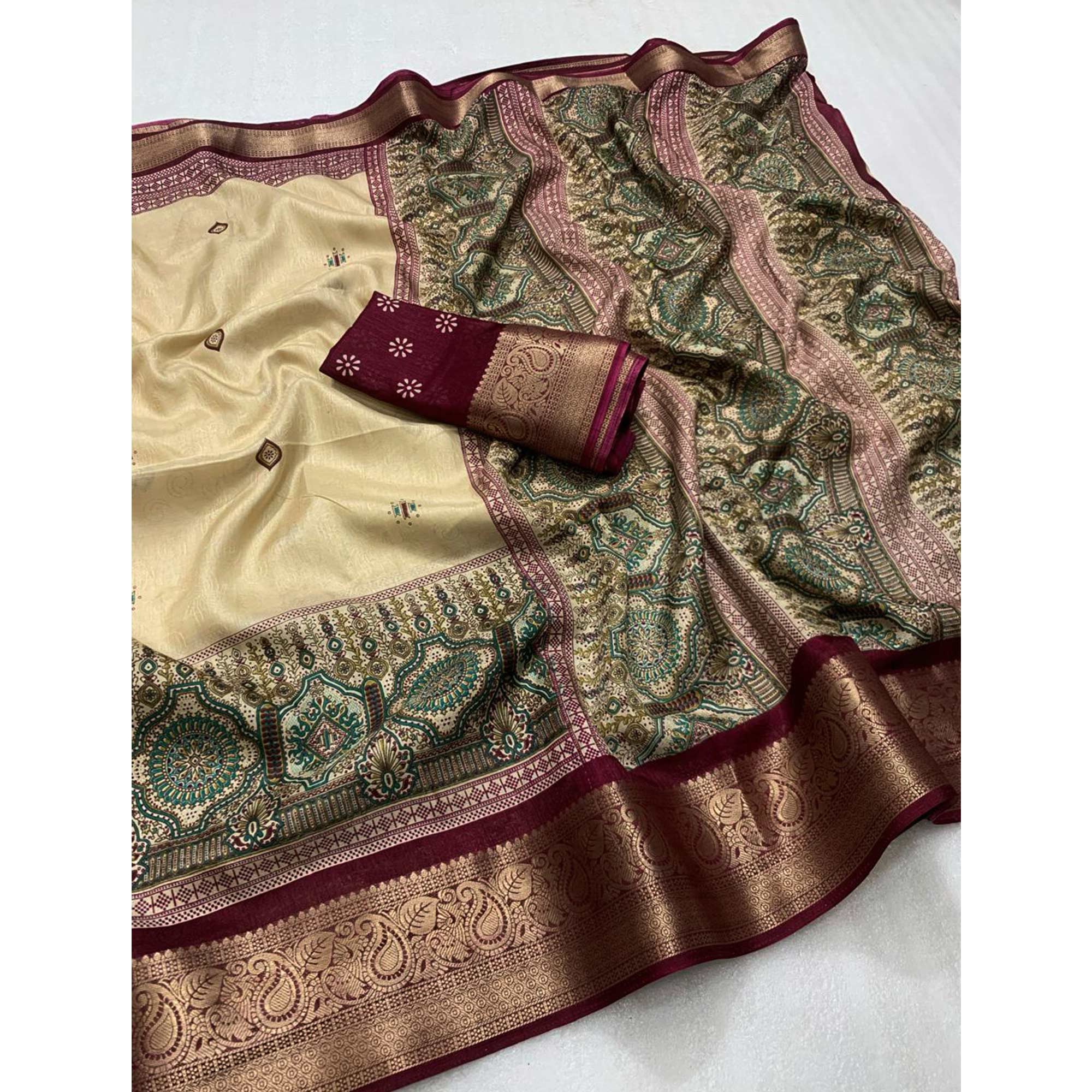 Wine Woven Border Saree in Lustrous Dola Silk with Print Accents
