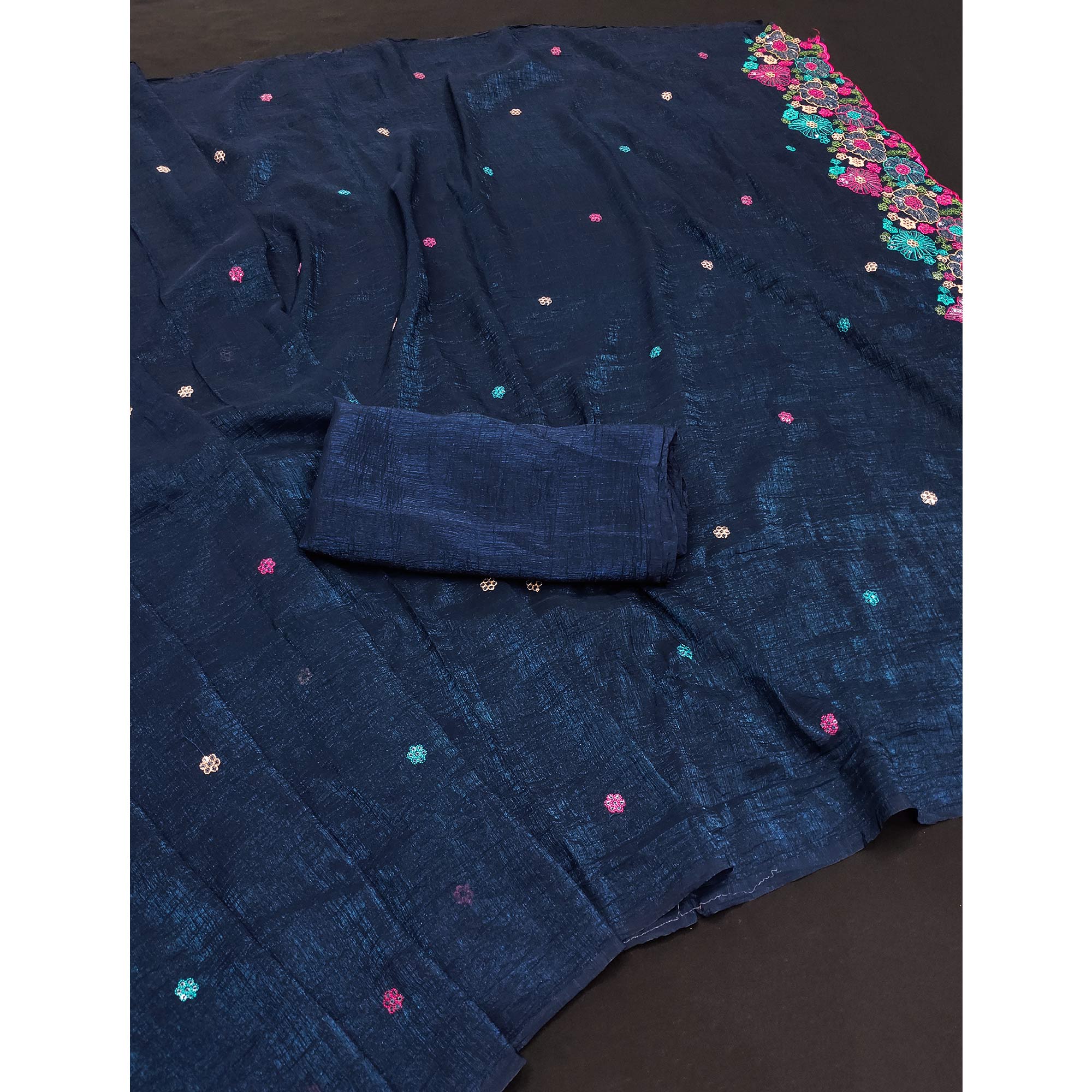 Blue Sheer Chiffon Saree with Artistic Floral Sequins Work