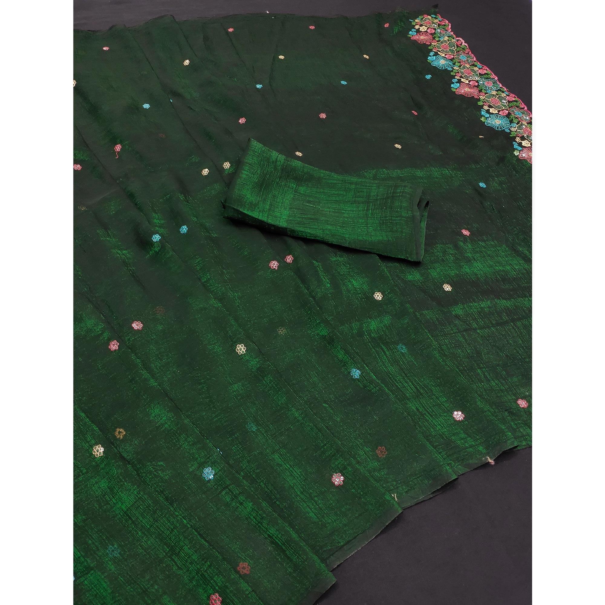 Green Sheer Chiffon Saree with Artistic Floral Sequins Work
