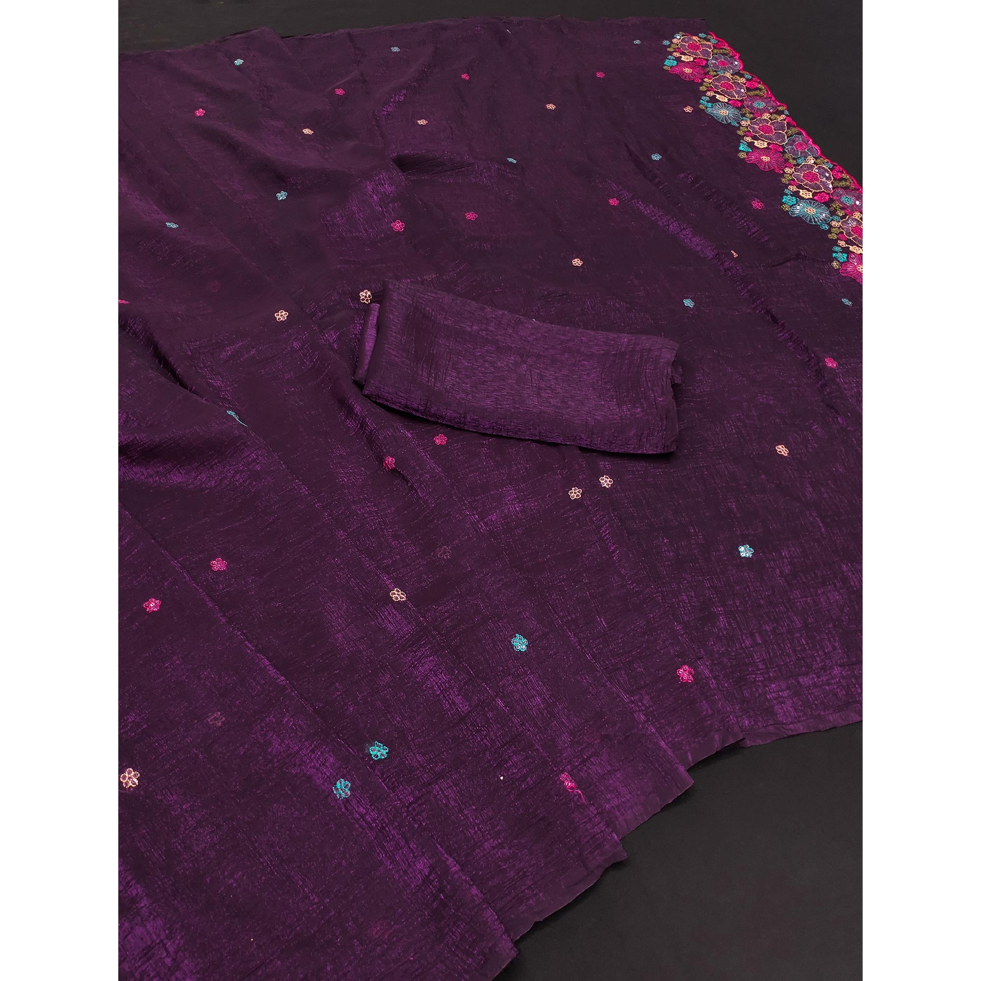 Purple Sheer Chiffon Saree with Artistic Floral Sequins Work