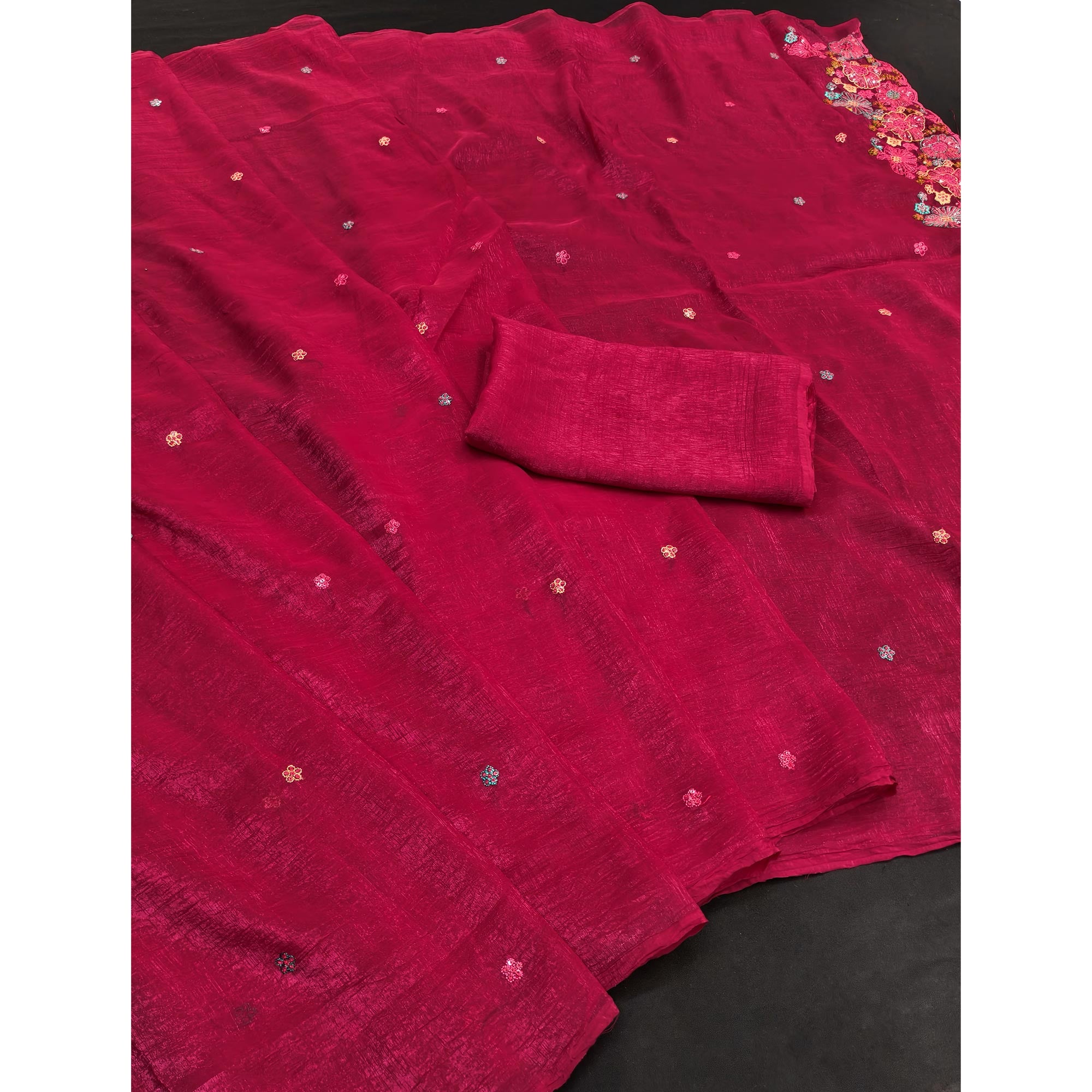 Rani Pink Sheer Chiffon Saree with Artistic Floral Sequins Work