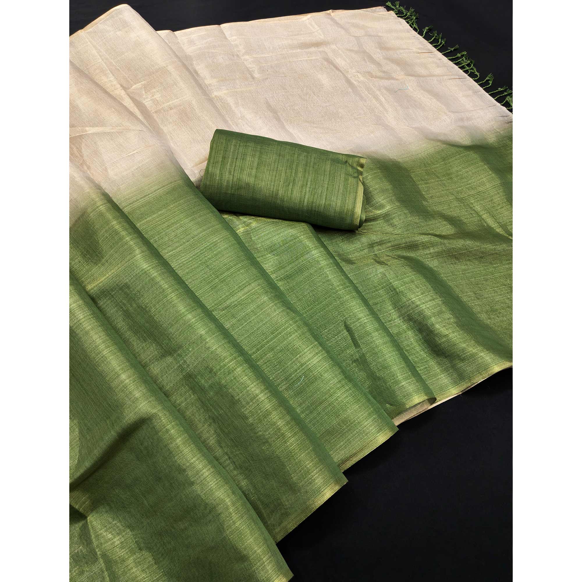 Solid Color Chikoo & Green Saree in Art Silk with Decorative Ends