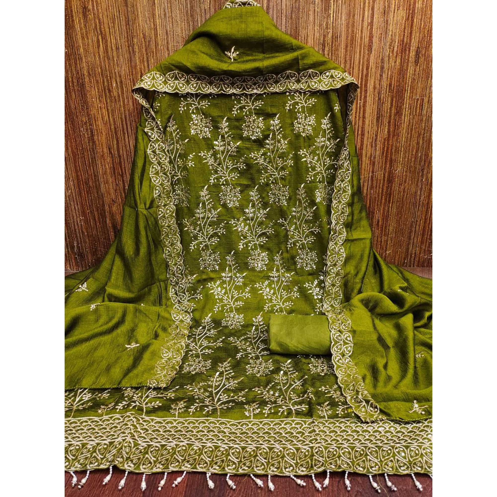 Green Vichitra Silk Dress Material with Sequins Embroidery