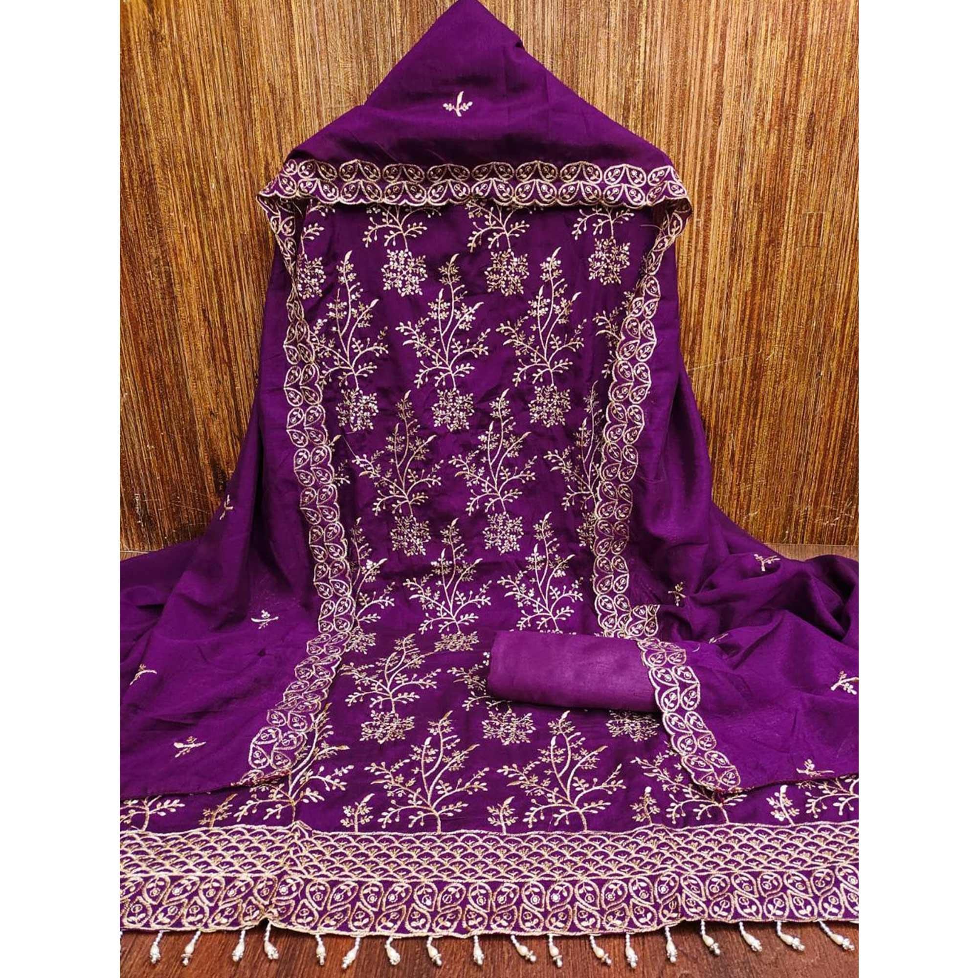 Purple Vichitra Silk Dress Material with Sequins Embroidery
