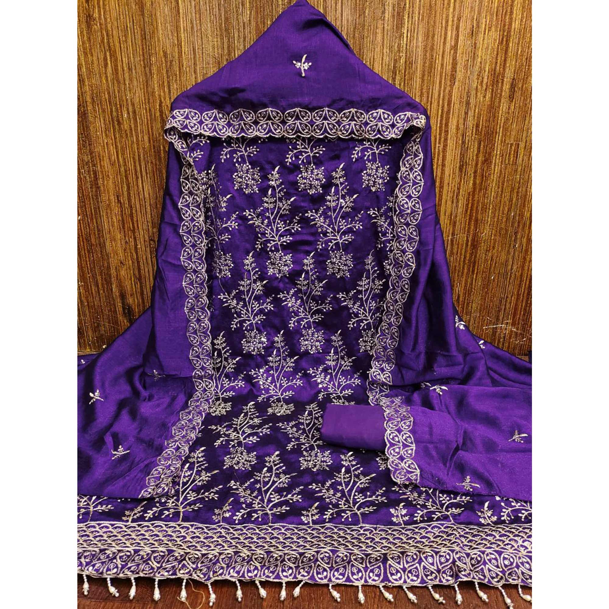 Violet Vichitra Silk Dress Material with Sequins Embroidery