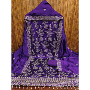 Violet Vichitra Silk Dress Material with Sequins Embroidery
