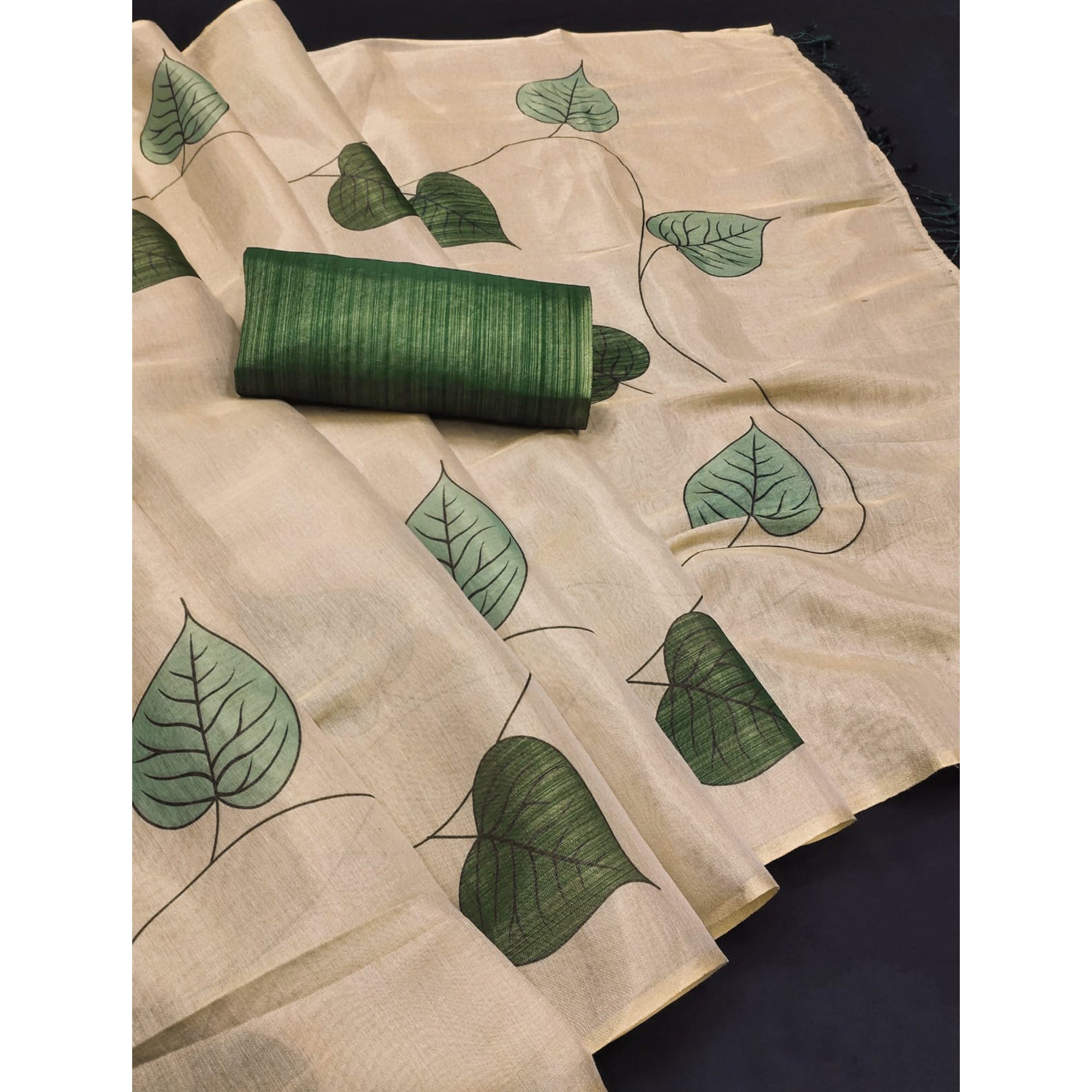 Beige & Green Saree in Art Silk Featuring Leafy Print & Tassels