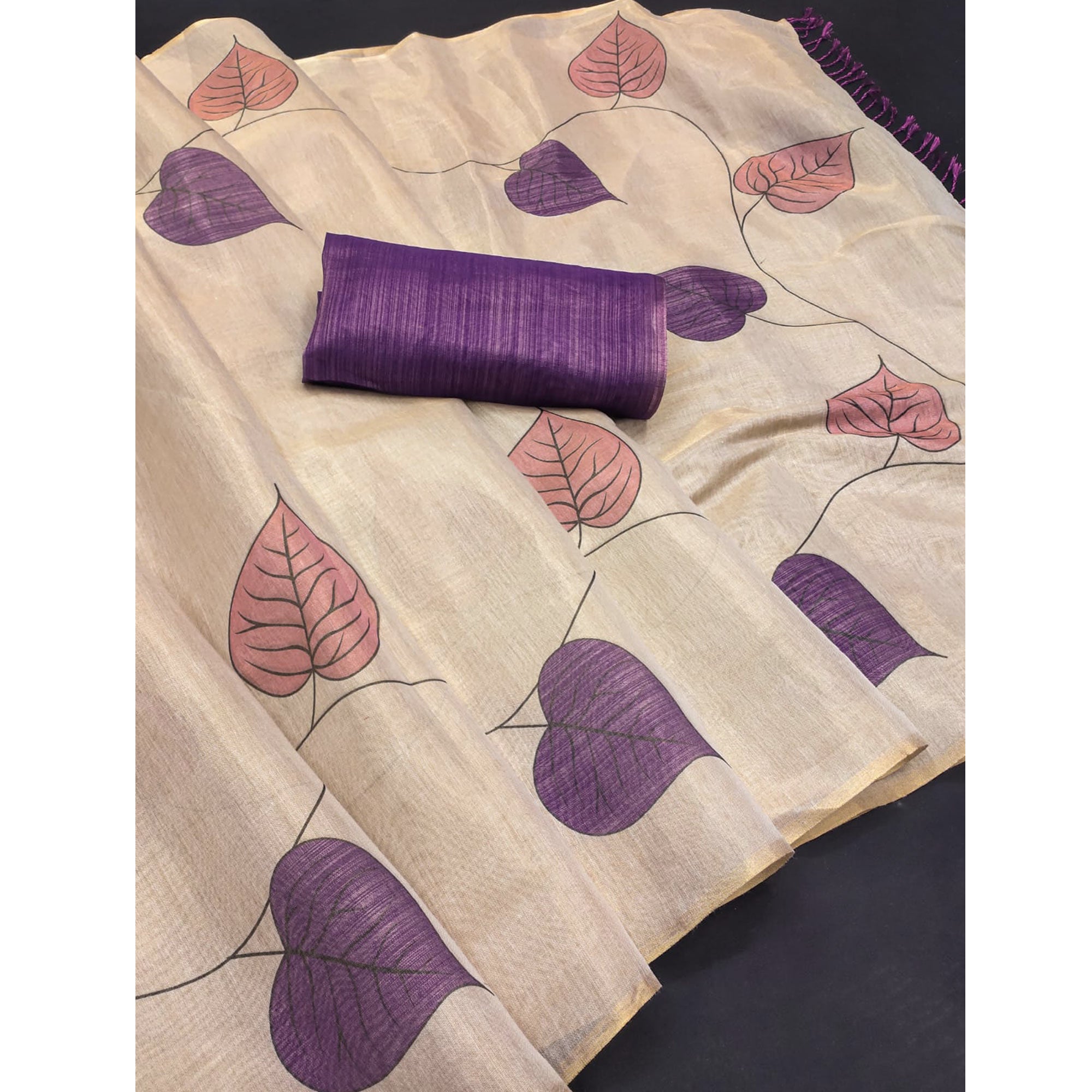 Beige & Lavender Saree in Art Silk Featuring Leafy Print & Tassels