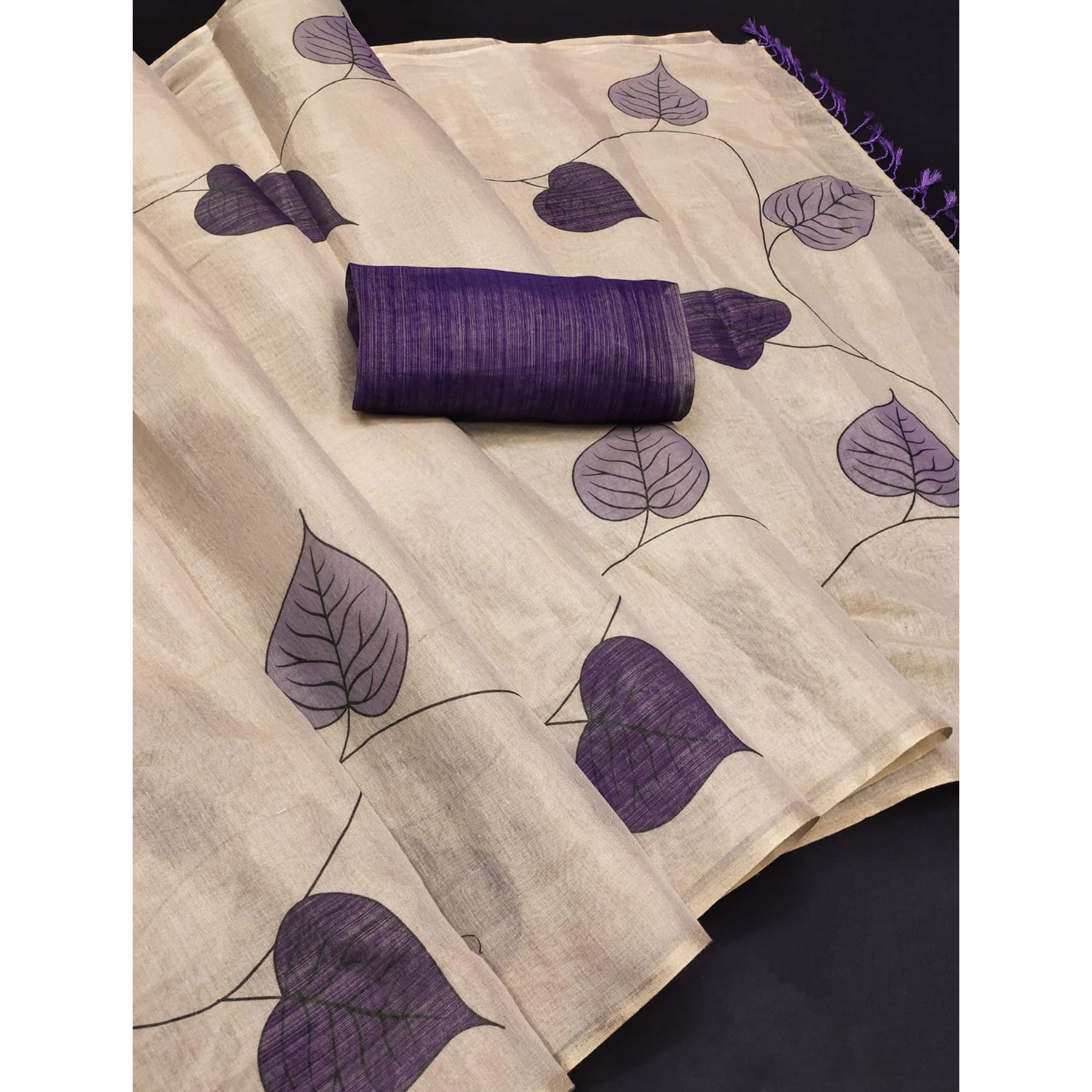 Beige & Violet Saree in Art Silk Featuring Leafy Print & Tassels