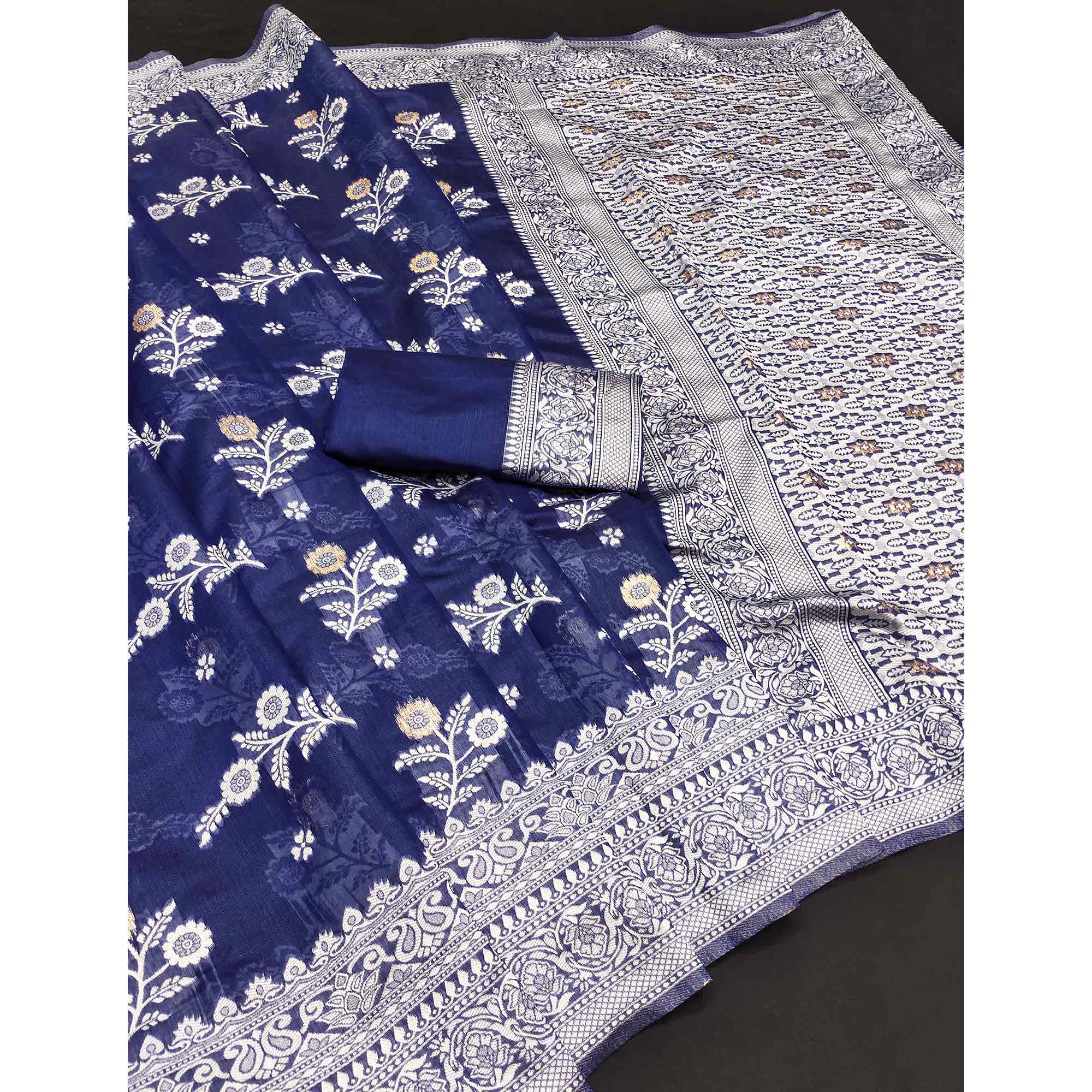 Festive Wear Blue Banarasi Silk Saree with Floral Zari Work