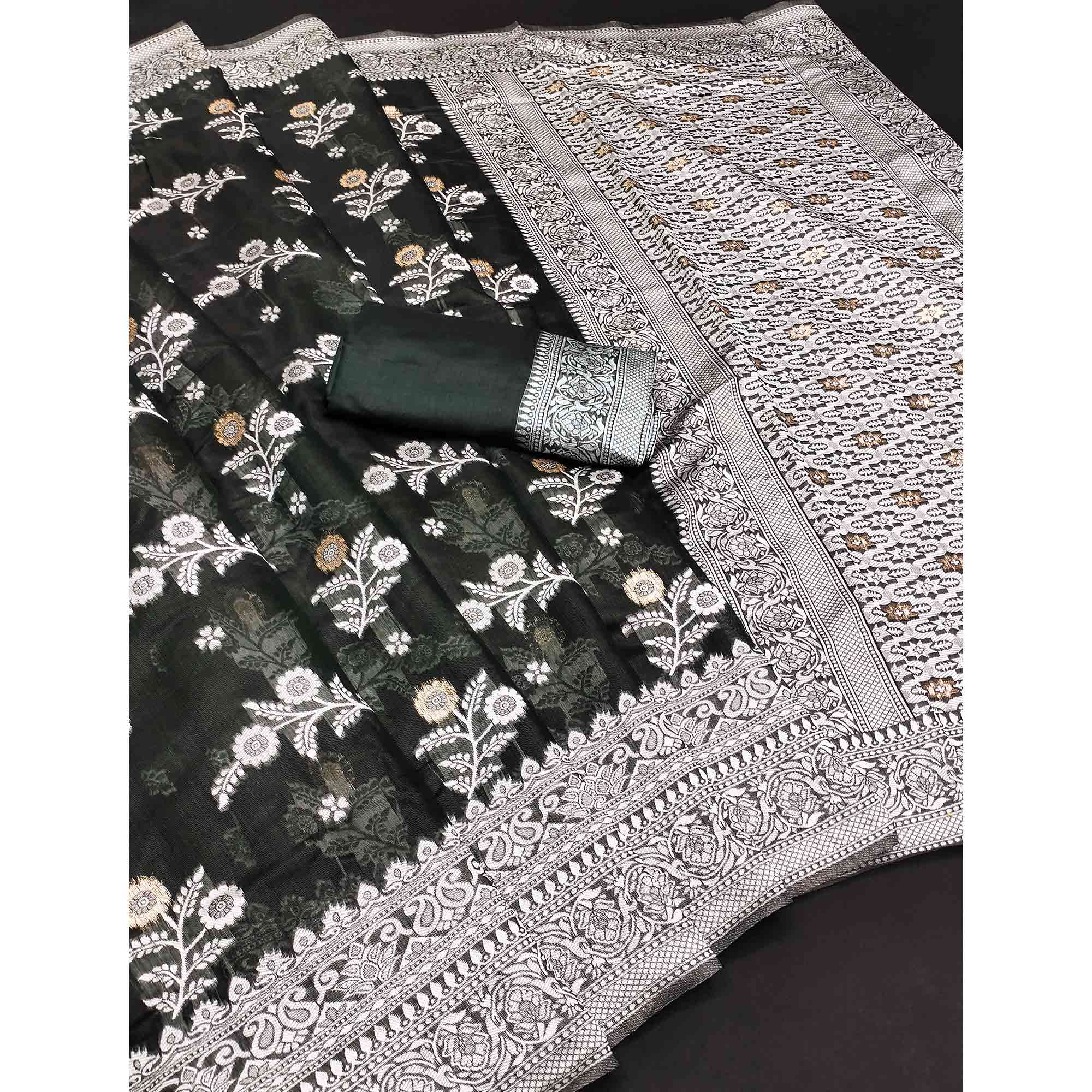 Festive Wear Deep Emerald Green Banarasi Silk Saree with Floral Zari Work