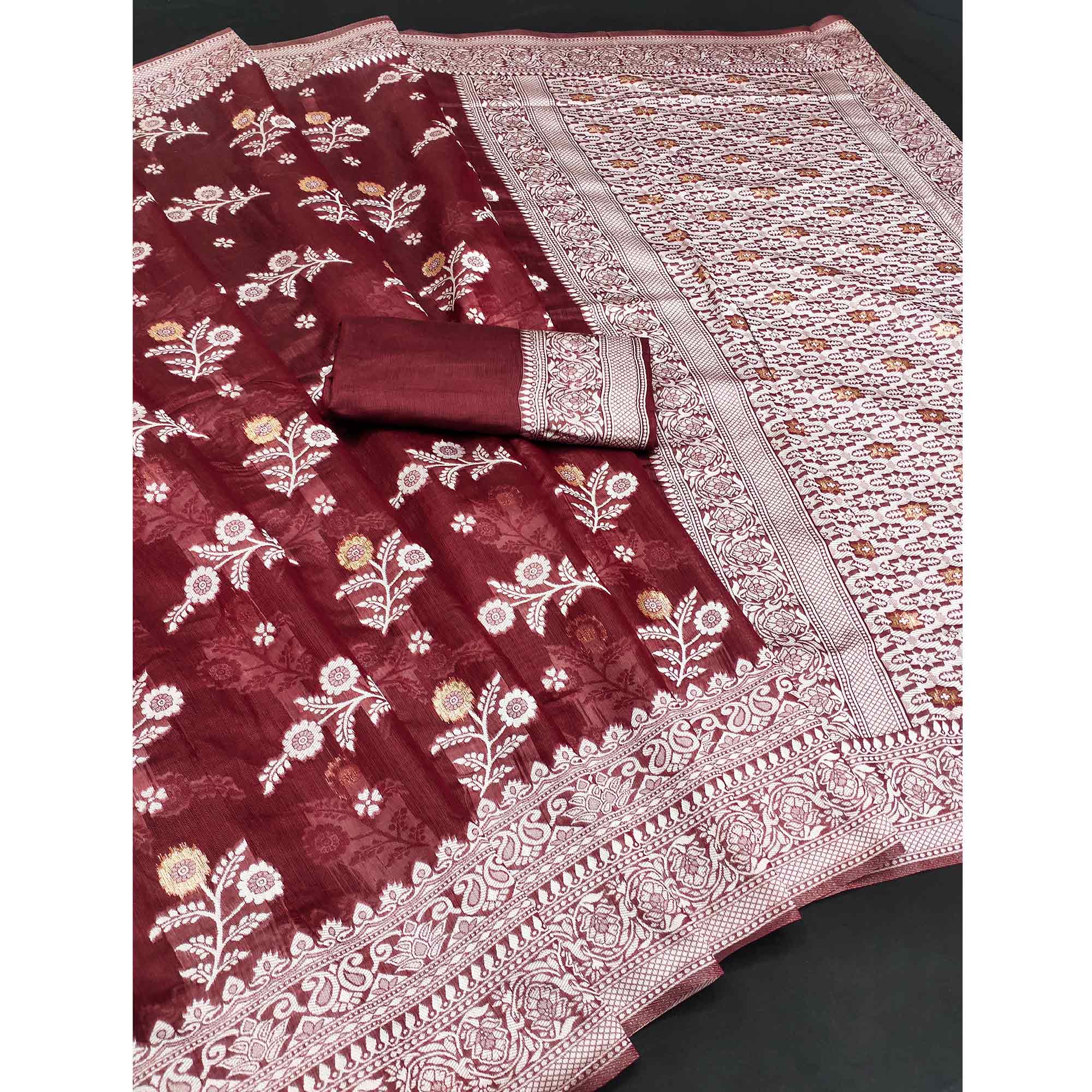 Festive Wear Maroon Banarasi Silk Saree with Floral Zari Work