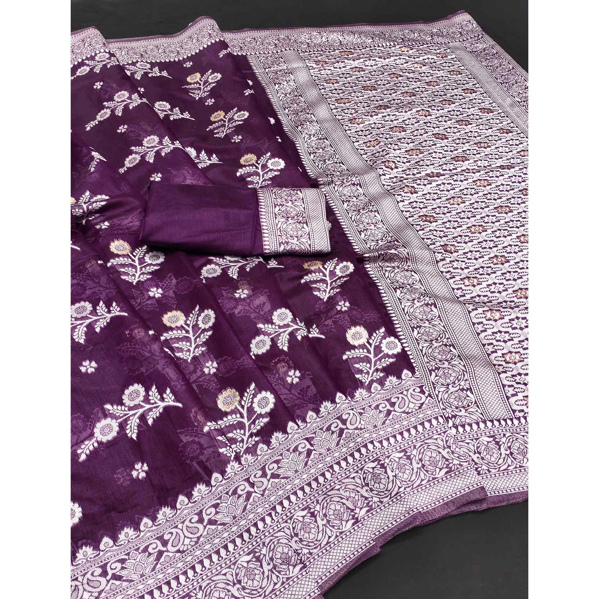 Festive Wear Purple Banarasi Silk Saree with Floral Zari Work