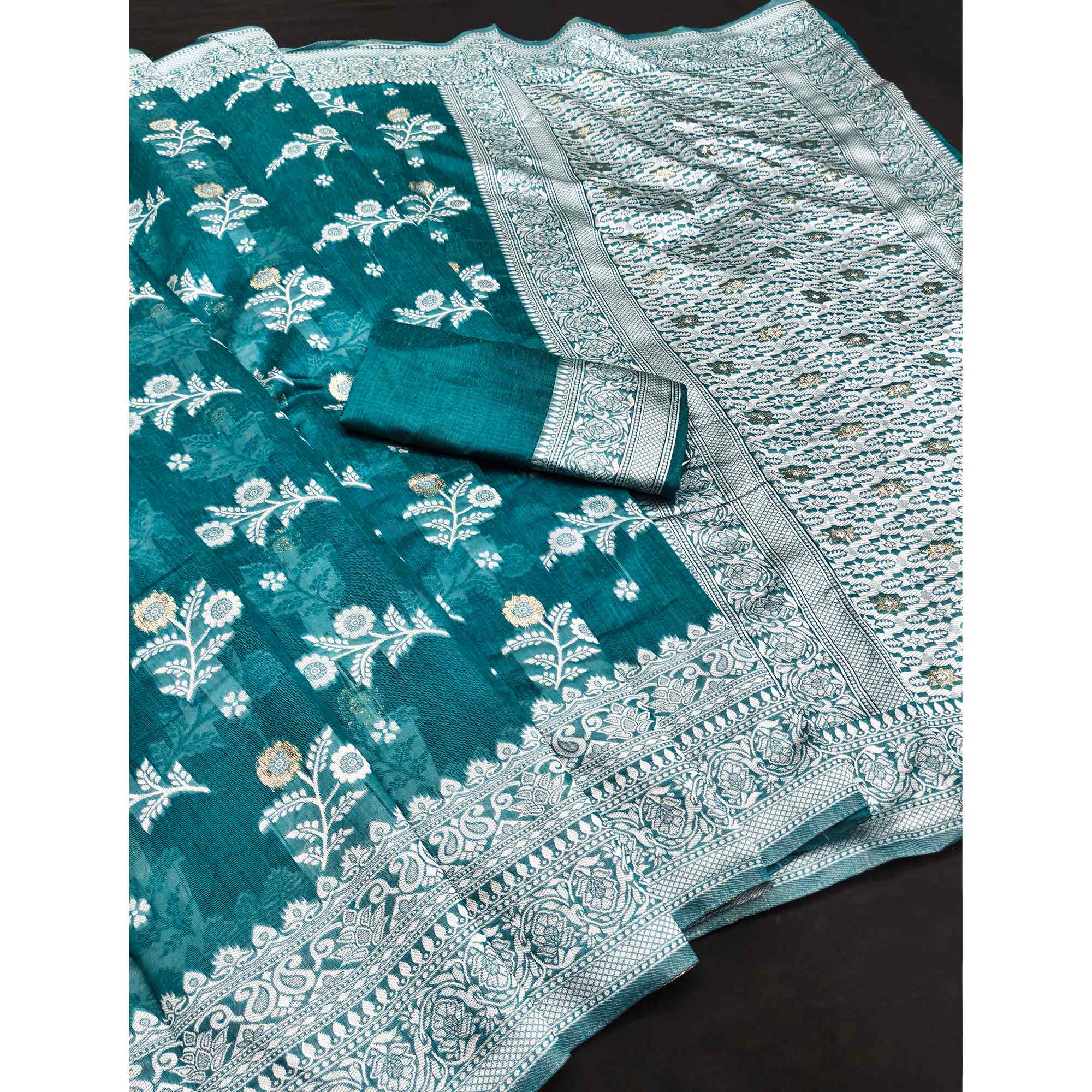 Festive Wear Rama Blue Banarasi Silk Saree with Floral Zari Work