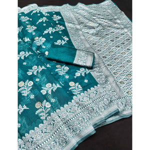 Festive Wear Rama Blue Banarasi Silk Saree with Floral Zari Work