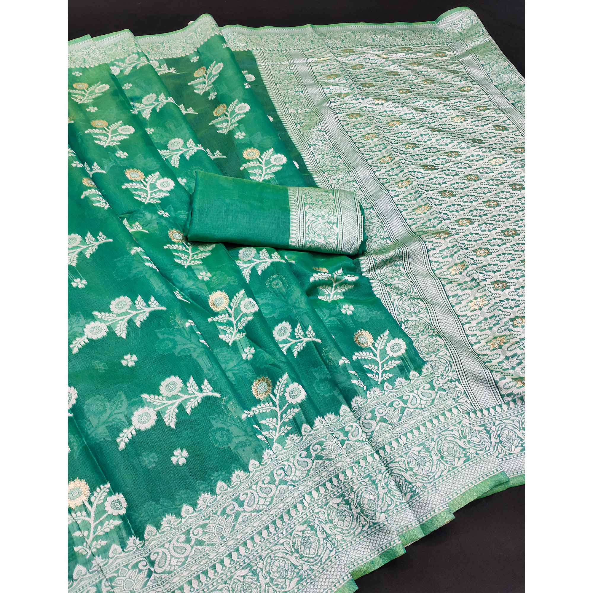 Festive Wear Rama Green Banarasi Silk Saree with Floral Zari Work