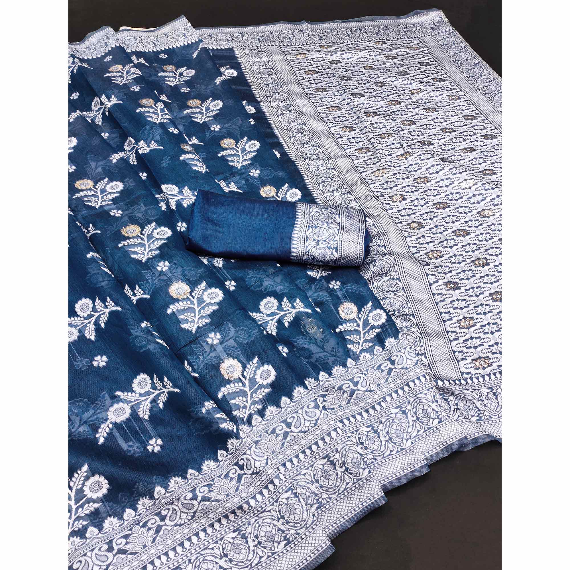 Festive Wear Teal Banarasi Silk Saree with Floral Zari Work