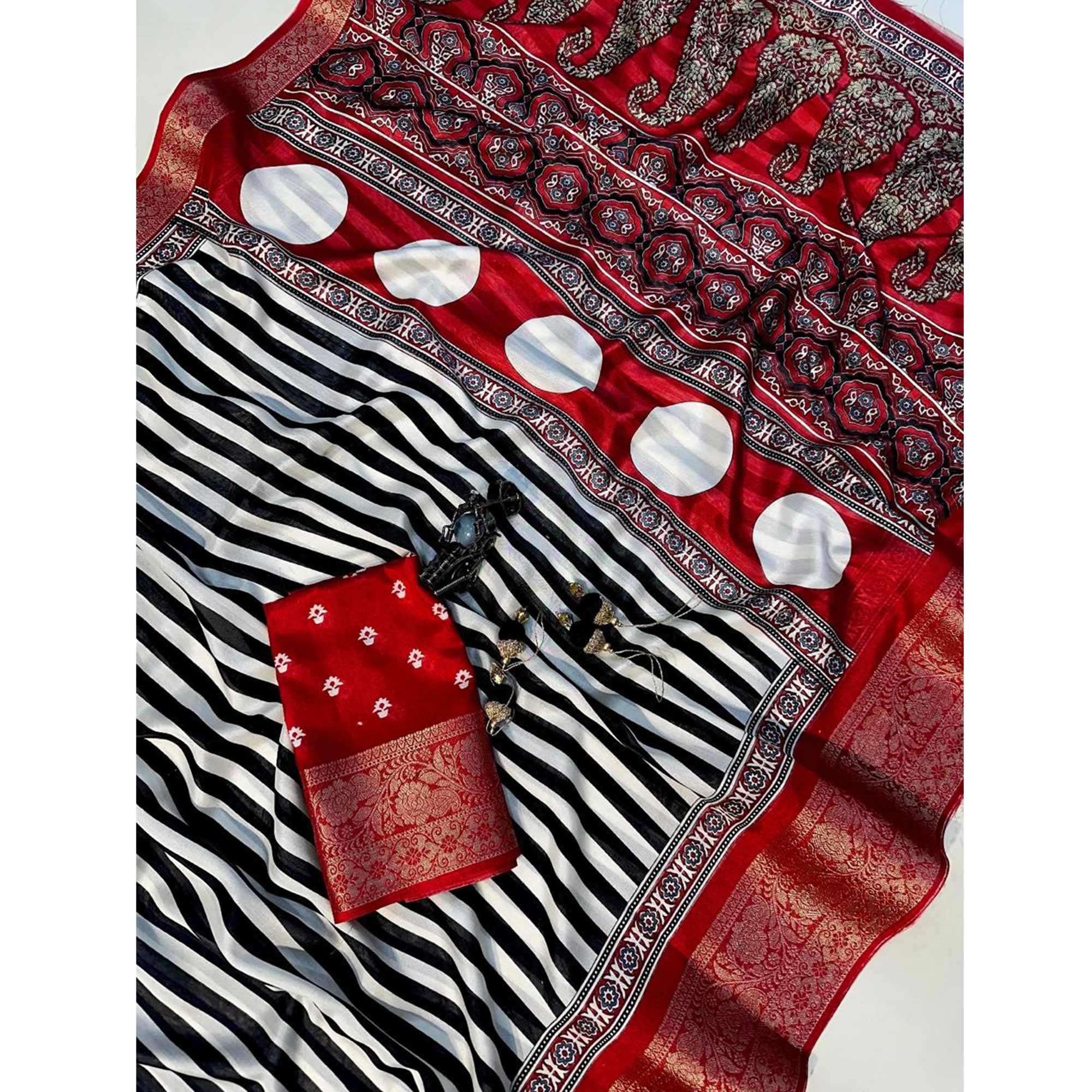 White & Red Woven Border Striped Print Dola Silk Saree for Festive Wear