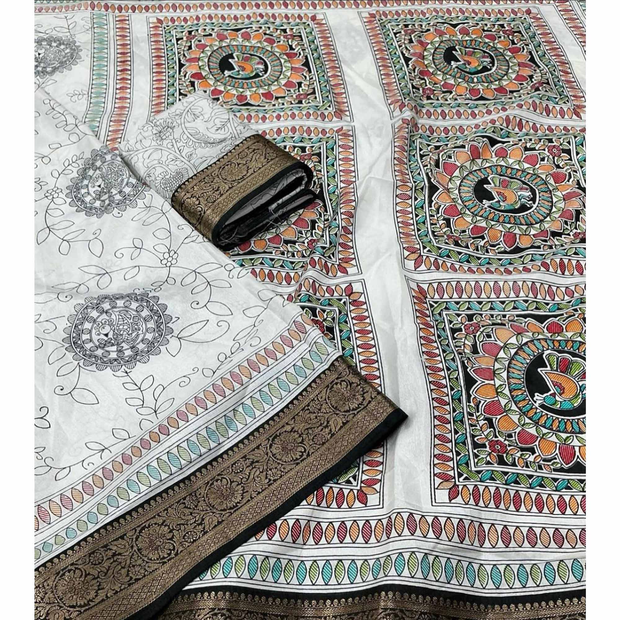 White Woven Border Floral Print Dola Silk Saree for Festive Wear