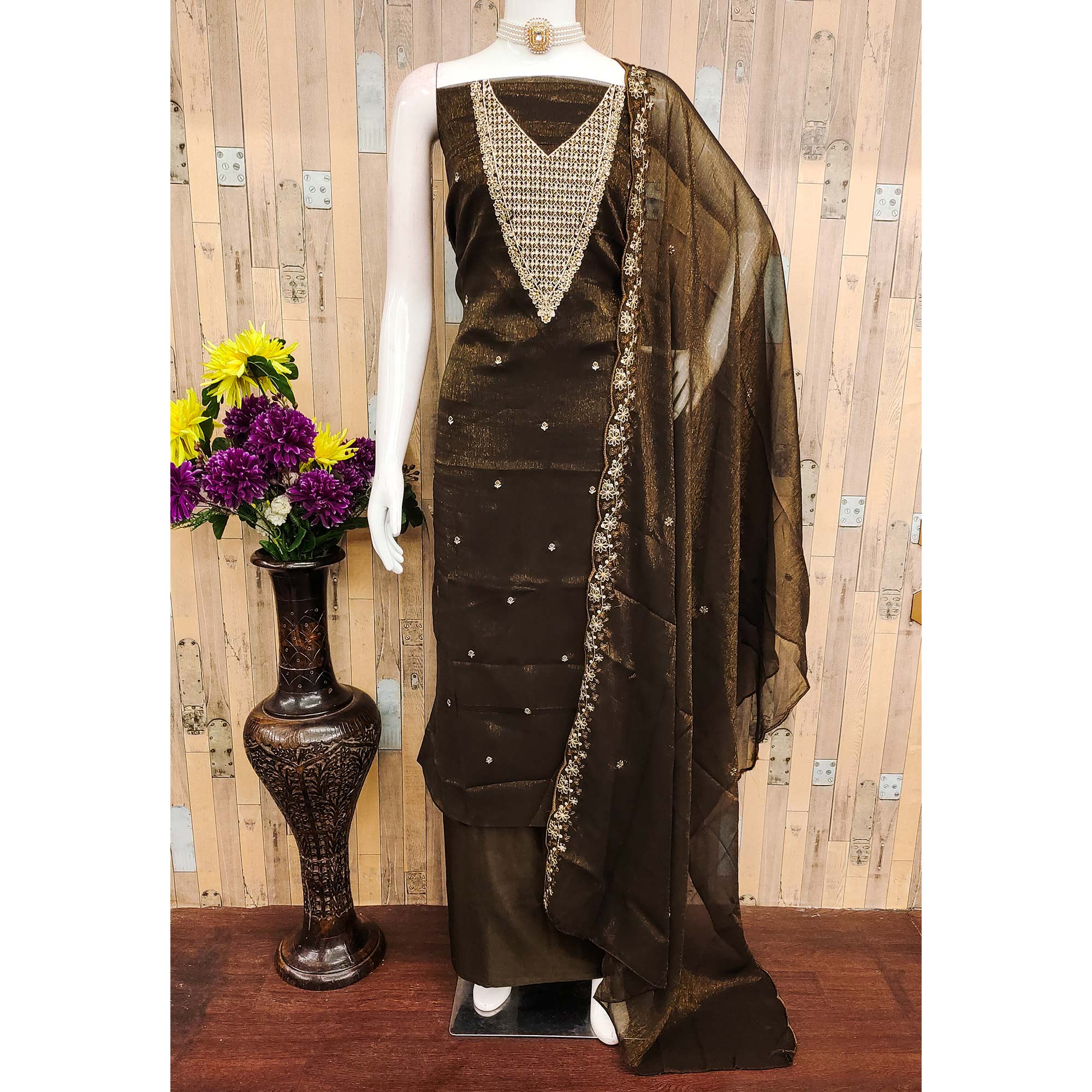 Deep Brown Party Wear Shimmer Dress Material with Floral Embellishment