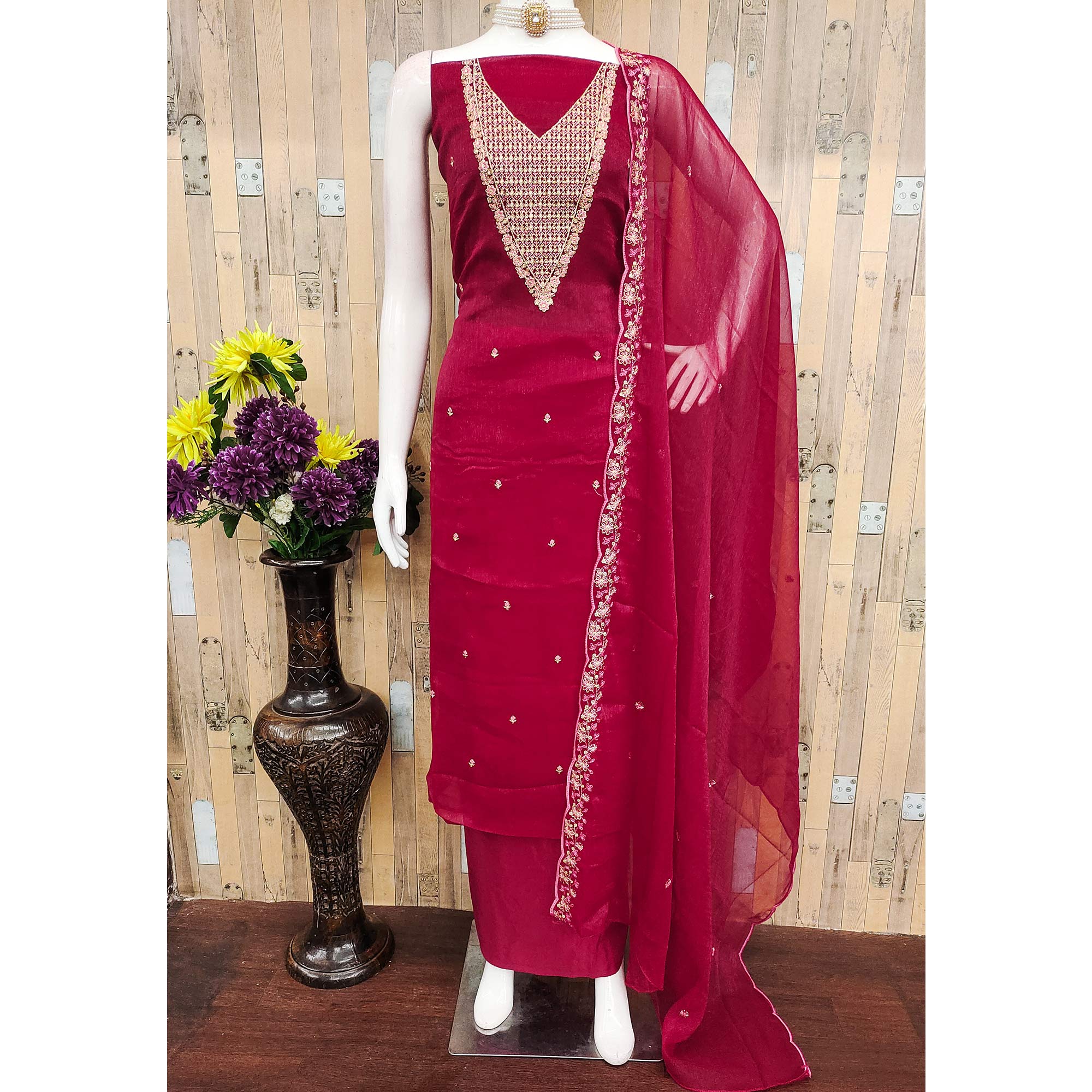 Pink Party Wear Shimmer Dress Material with Floral Embellishment