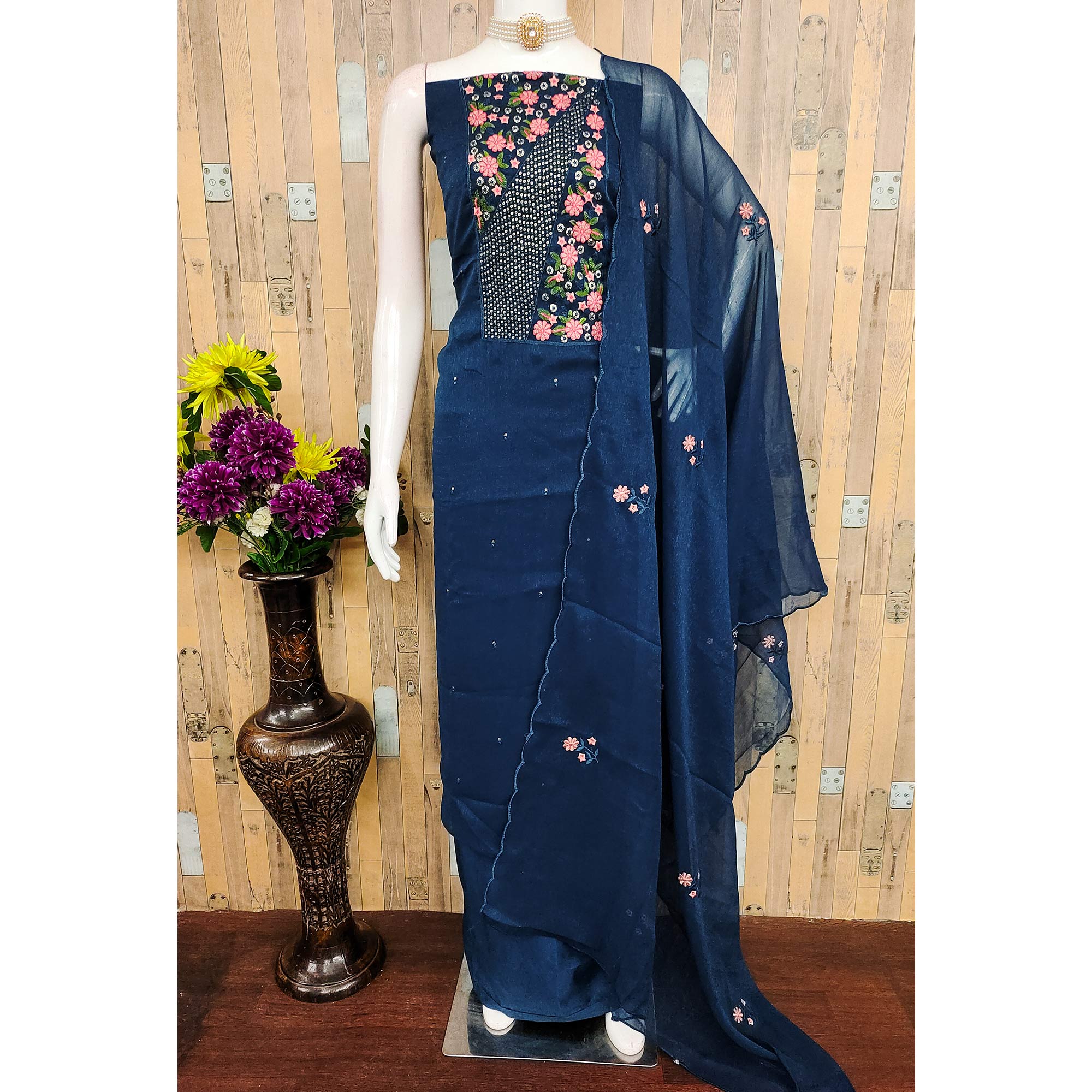 Blue Unstitched Shimmer Dress Material with Stylish Floral Embellishment