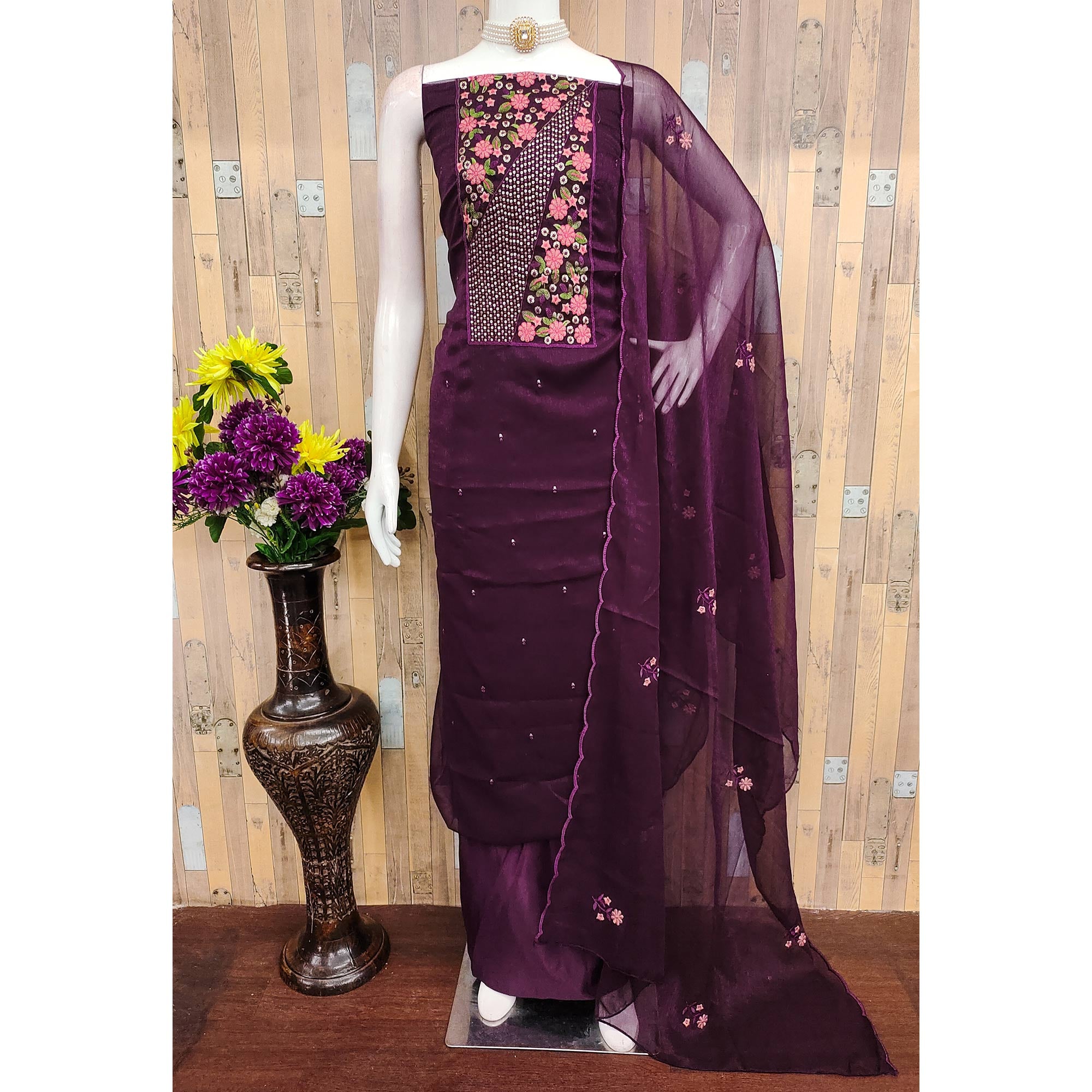 Dark Purple Unstitched Shimmer Dress Material with Stylish Floral Embellishment
