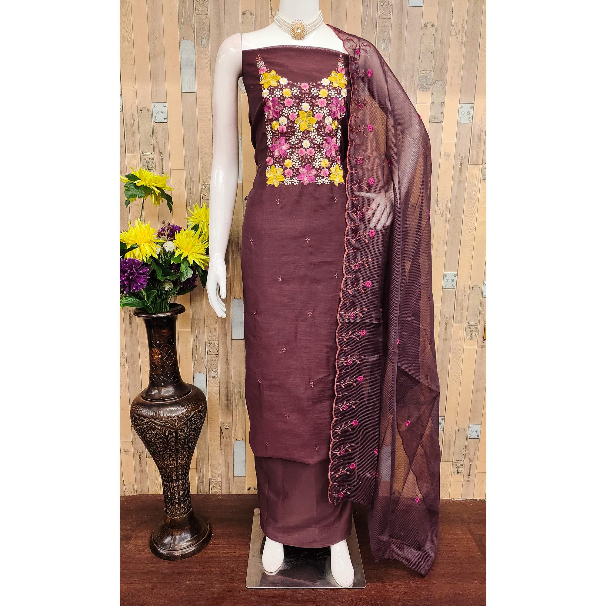 Brown Cotton Blend Unstitched Dress Fabric Featuring Delicate Floral Embroidery