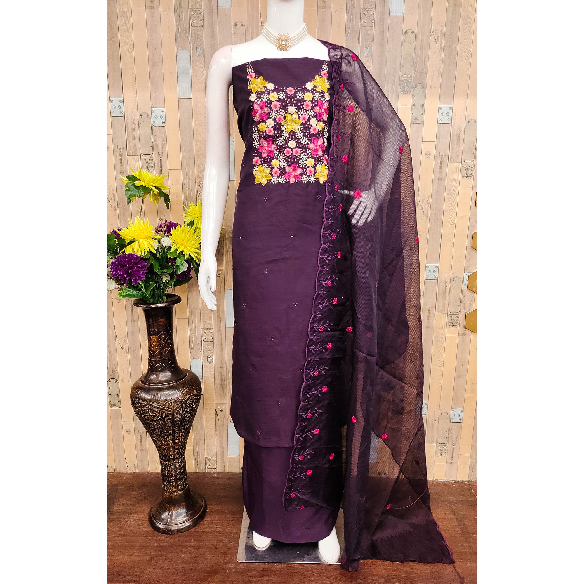 Wine Cotton Blend Unstitched Dress Fabric Featuring Delicate Floral Embroidery