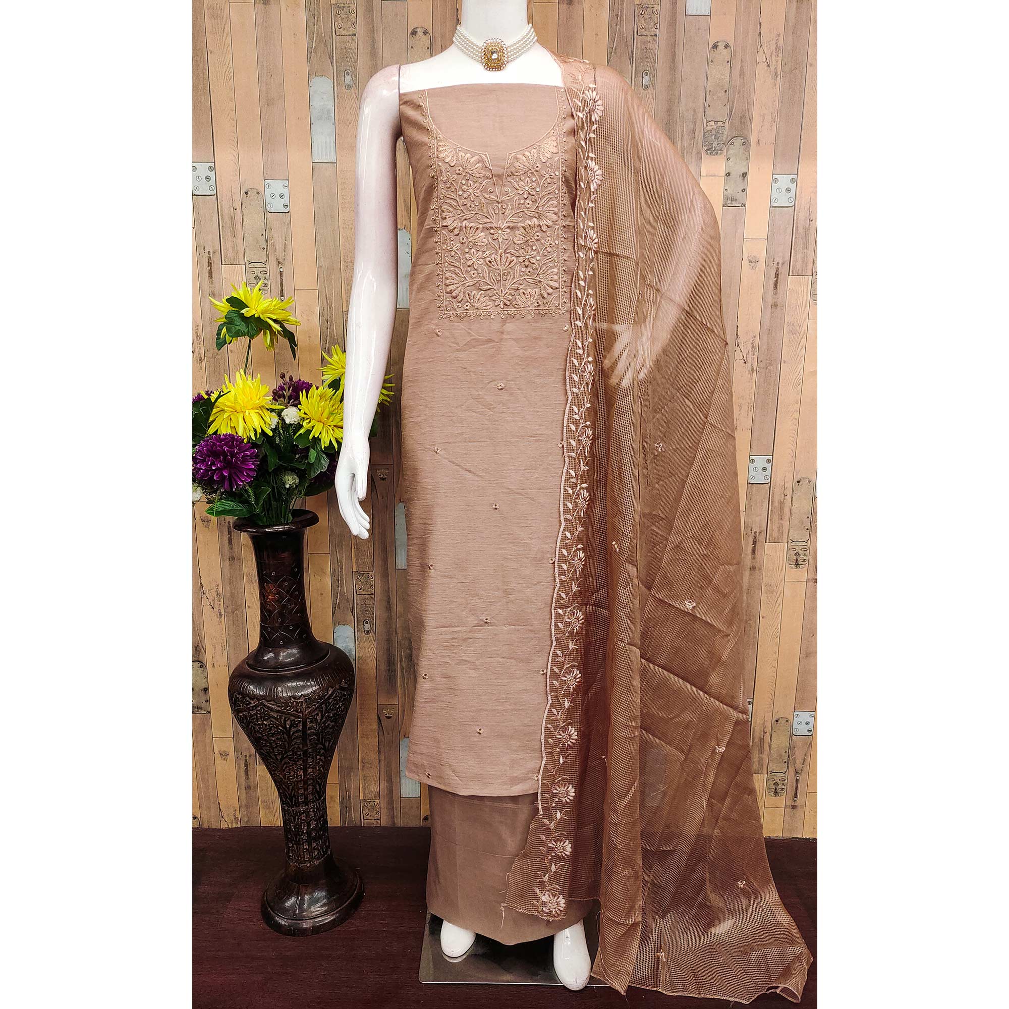 Festive Wear Brown Floral Embroidered Unstitched Cotton Blend Dress Material